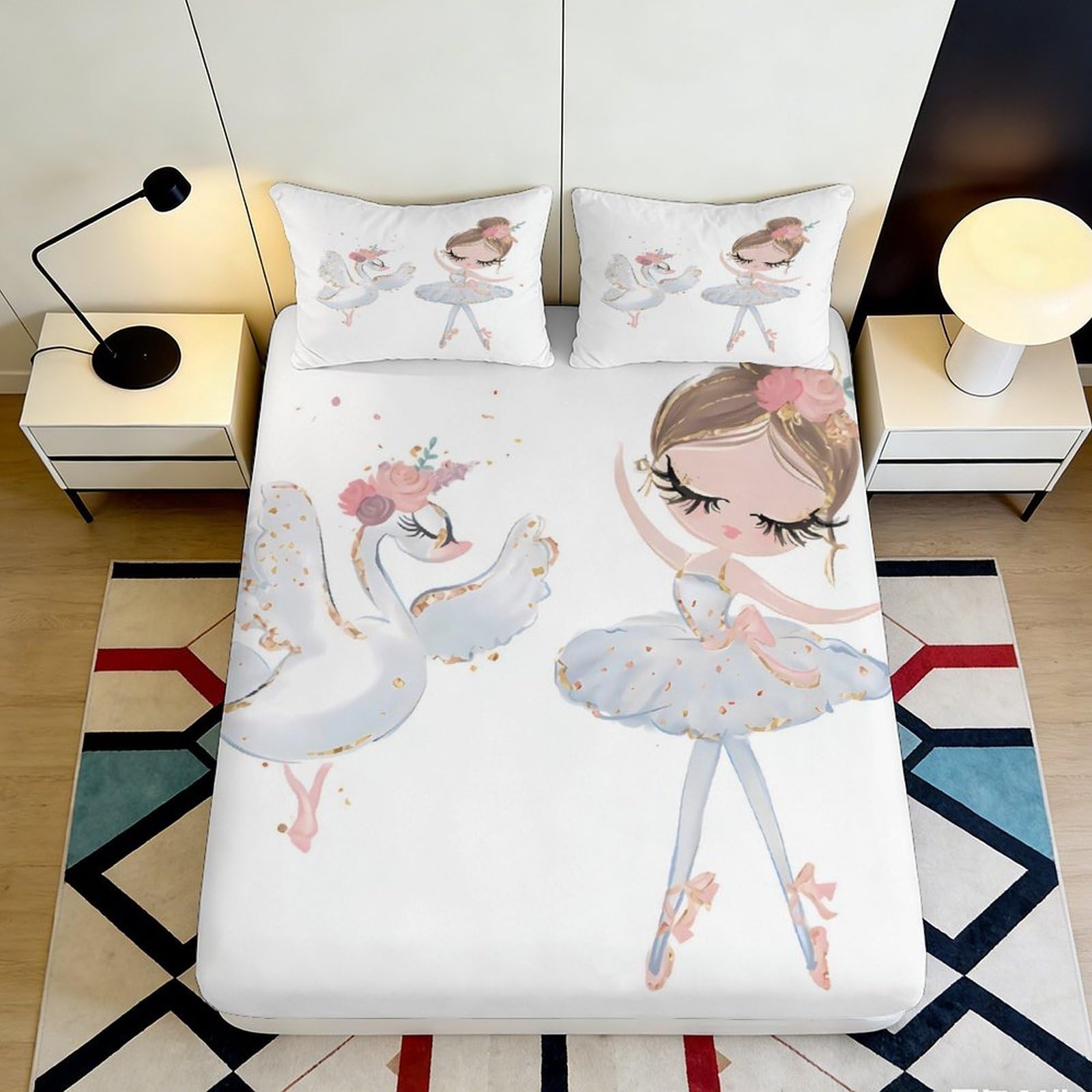 3D Printed Ballet Swan Fitted Sheet Microfiber Anti-Slip Ballerina Mattress Cover for Bedroom Guest Room Decor 90x200x25cm