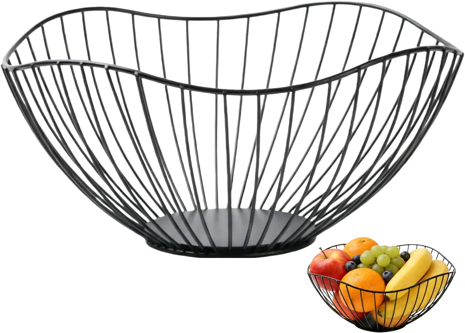 Black Wire Fruit Basket, Large Fruit Storage Basket, Hollowed Out Drainer Basket for Fruits, Bread, Crackers and Vegetables, Rust Resistant Kitchen Countertop Decorations, Top Choice for Home Decorat