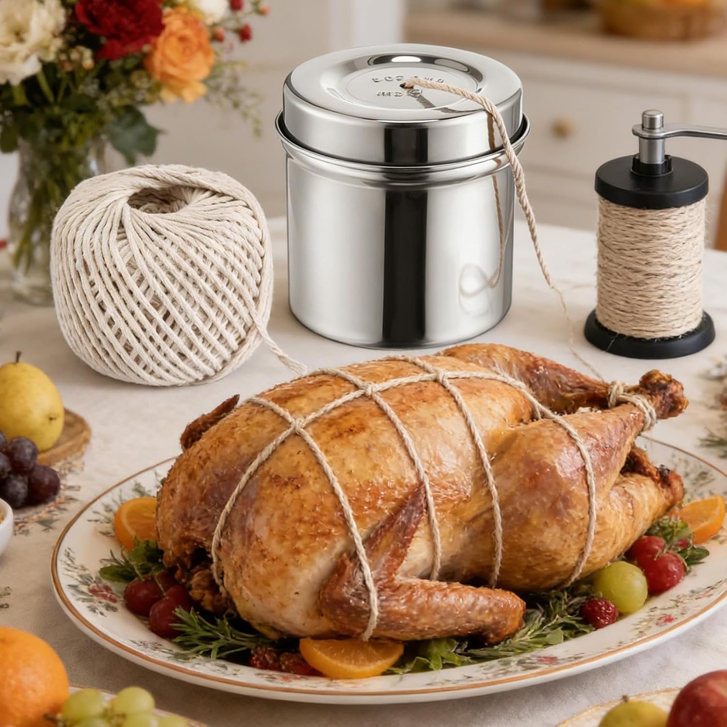 Kitchen Twine for Cooking - 2 Rolls Natural Cotton Butcher String (426ft Total) with Stainless Steel Dispenser, Heavy Duty Meat Tying Cord for Roasting, Turkey, Tamales, BBQ & Baking | Food Safe