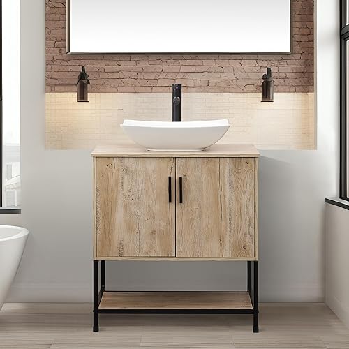 Miniatura 4 de UEV Juego de tocador de baño rústico de 30 pulgadas con fregadero, marco de hierro industrial con puertas y estante, con combinación artística de