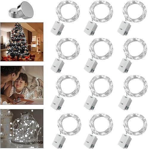 Paquete de 12 guirnaldas de luces blancas que funcionan con pilas, 3 modos de velocidad, 12 baterías adicionales para reemplazo, 20 luces LED de 7