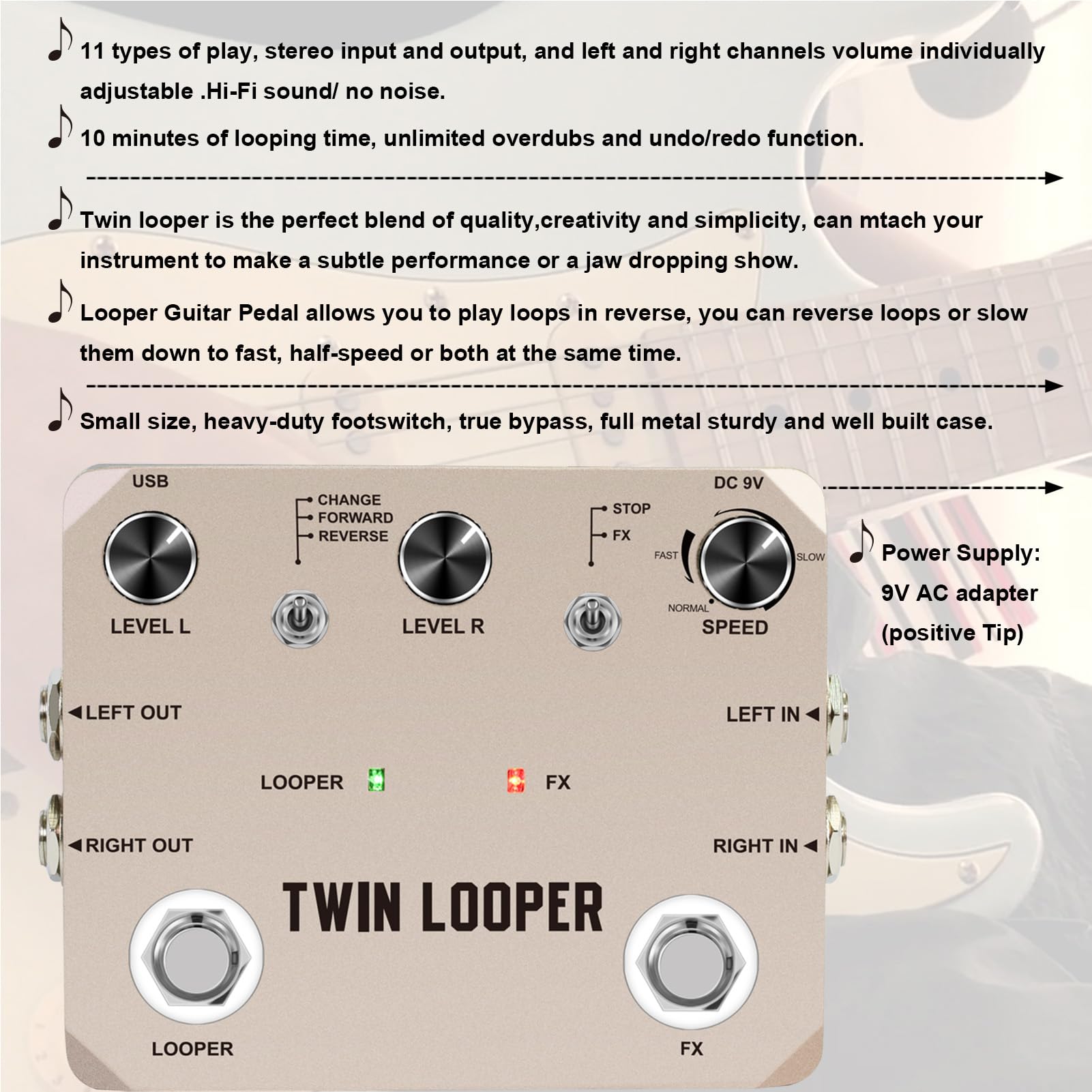 Walmeck Pedal Guitar Looper Pedal Versatile 11 Tipi di Riproduzione di 10 Minuti Registrazione a 24 Bit Effetti della Chitarra Elettrica Effetti della Chitarra in Lega di Zinco Postrina