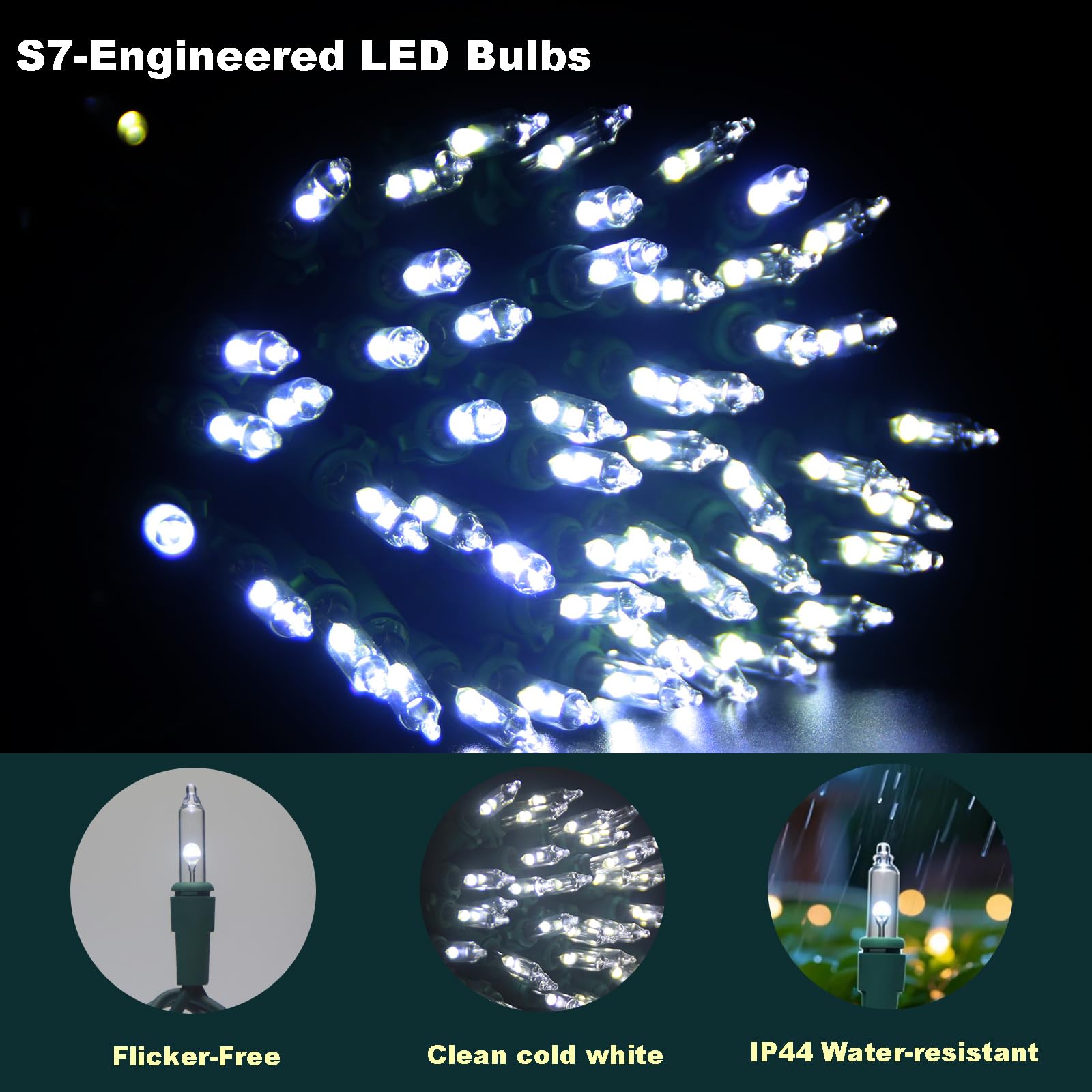 Luces LED de Navidad S7 de 35 pies para exteriores, alambre verde blanco frío, tira de luces de Navidad para interiores y exteriores, decoración de árbol y patio, certificación UL (blanco frío, 100)