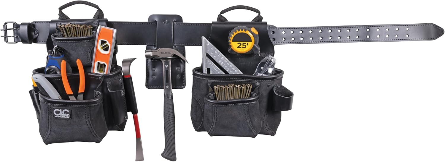 CLC Work Gear 55450 Heavy-Duty Leather Framing Combo Apron, 4-Piece Carpenter Tool Belt with Double Gusset Pockets, Hammer Holder & Adjustable Waist Belt