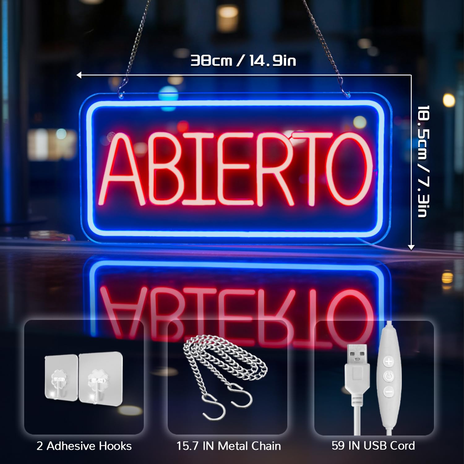 Señales luminosas ABIERTO neón, Cartel de Luz Roja con Marco Azul para Tiendas, Restaurantes, Bares, y Cafeterías, Letrero LED Abierto con interruptor regulable para Decor Comercial y Hogar