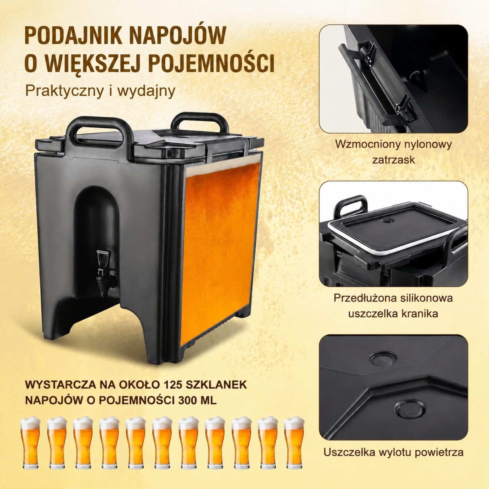 Dozownik napojów 37,6 l z LDPE, czarny pojemnik z kranikiem i uchwytami do kawy, mleka, wody i soku