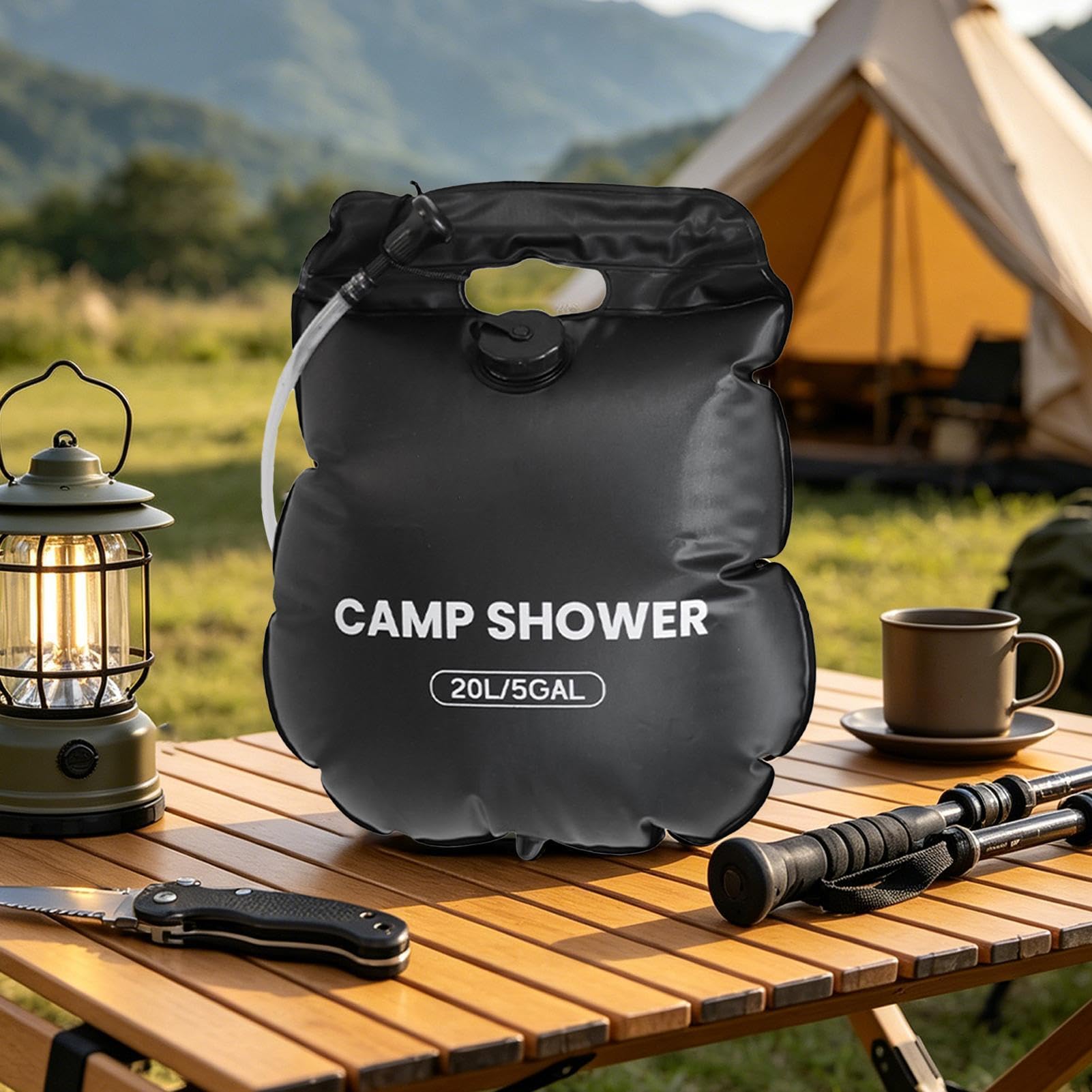 Douche Solaire De Camping 20 L – Sac PVC Avec Pommeau Et Tuyau – Thermomètre Double échelle – Pliable Et Léger – Plage, Jardin, Cabine