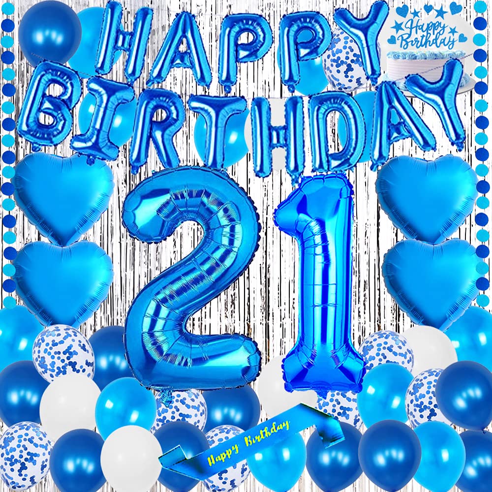 yujiaonly 21ST Birthday Party Decorations Blue Happy Birthday Foil Balloons Blue Number 21 Happy birthday Sash Cake Topper Latex and Confetti Balloons