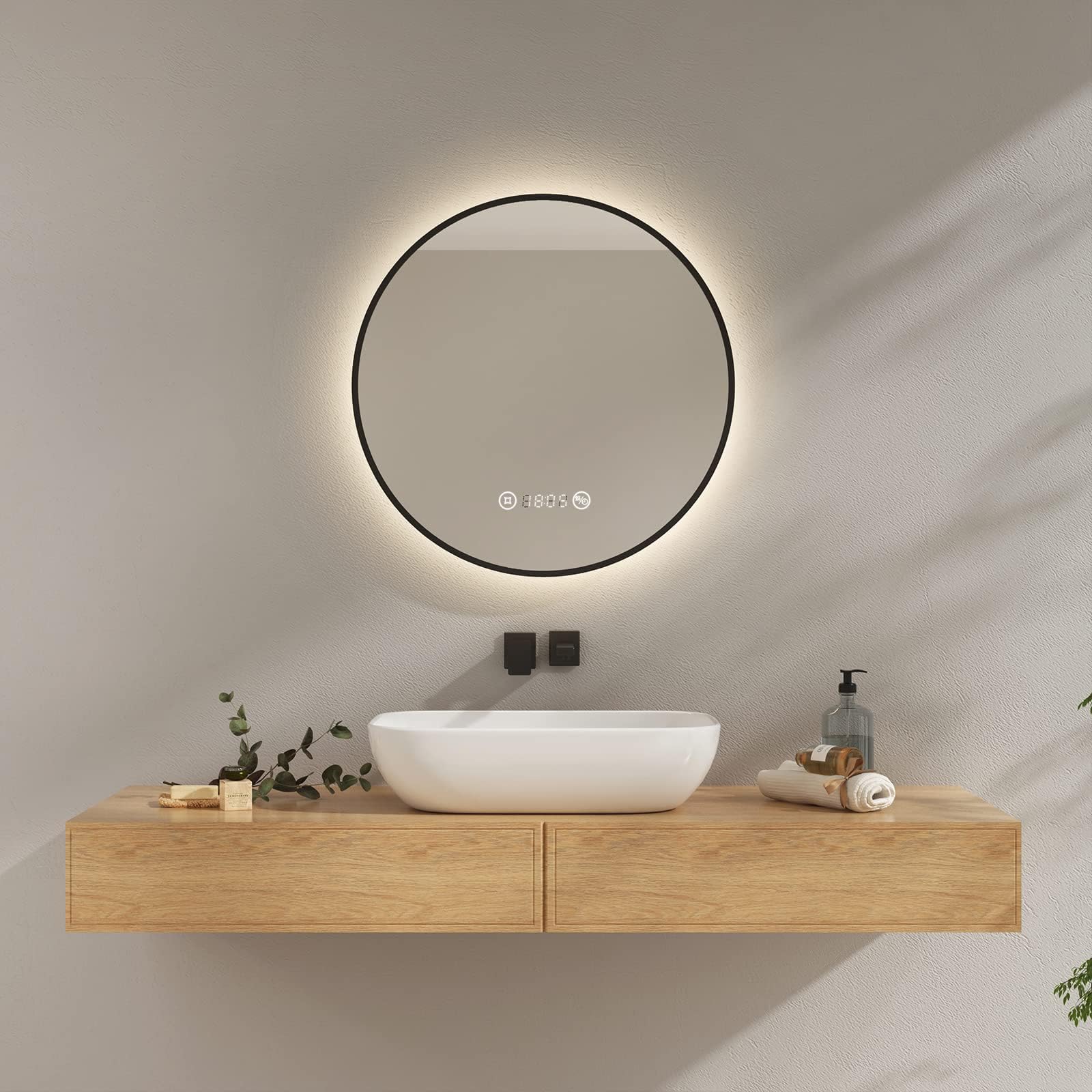 Miroir Salle De Bain Rond LED 50 Cm – Éclairage 6500K, Anti-buée, Interrupteur Tactile – Bande De Miroir Réglable, Cadre Noir – Installation Facile