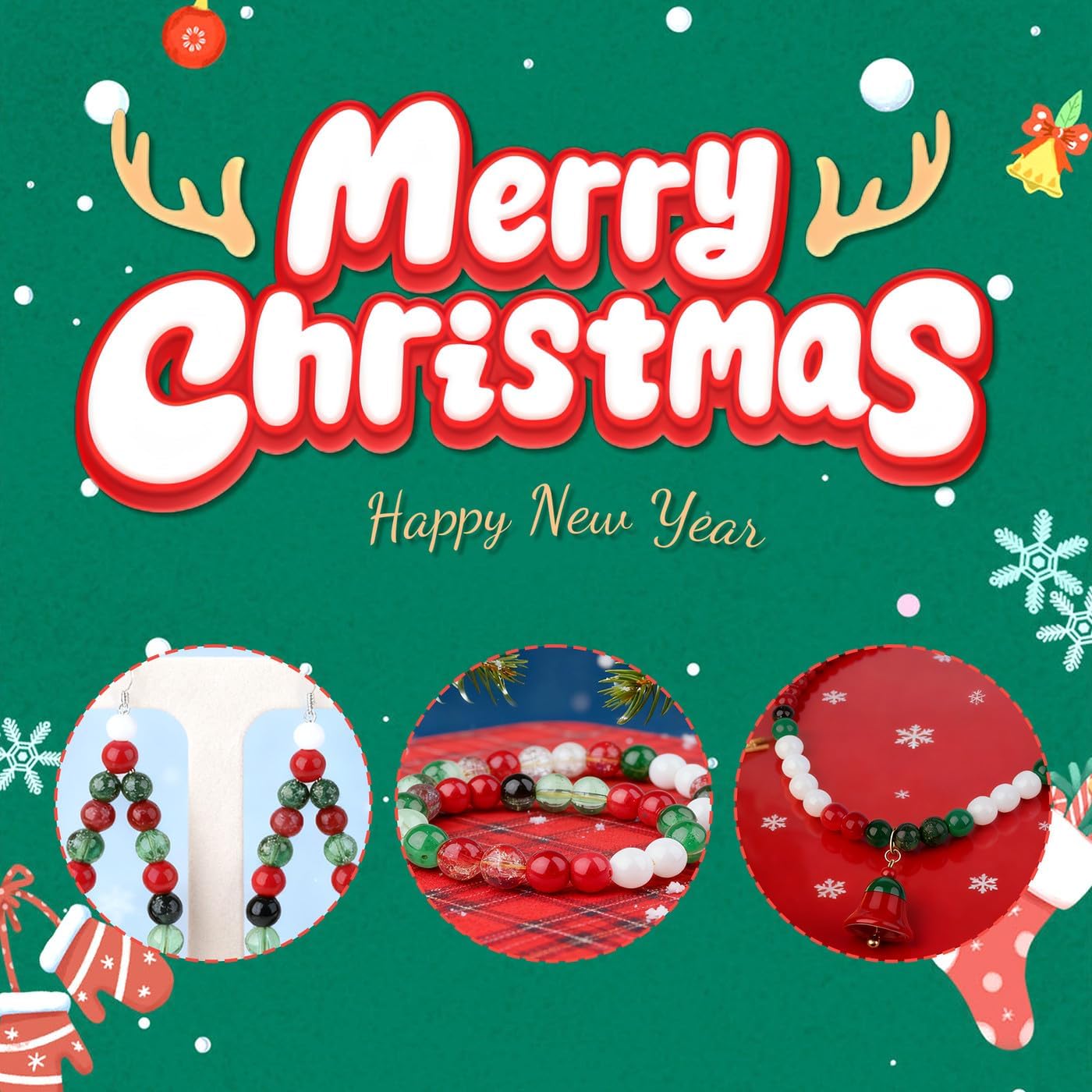 DUQGUHO Christmas Beads, Christmas Beads for Jewelry Making, 8mm Red Green White Round Glass Beads Kit 360PCS - Image 3