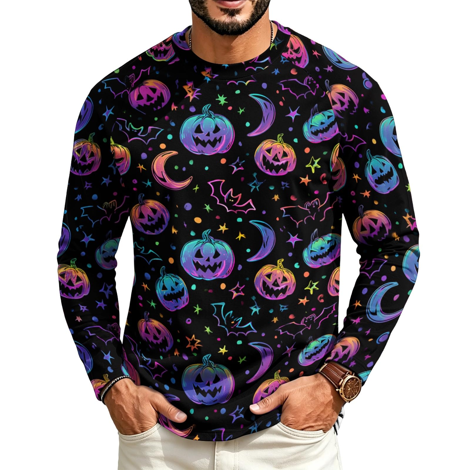 Halloween Crew Neck Shirts Costumes for Men Long Sleeve Fit Pumpkin Ghosts Print Casual Fashion Tops 2026,04-Purple XL — image 1