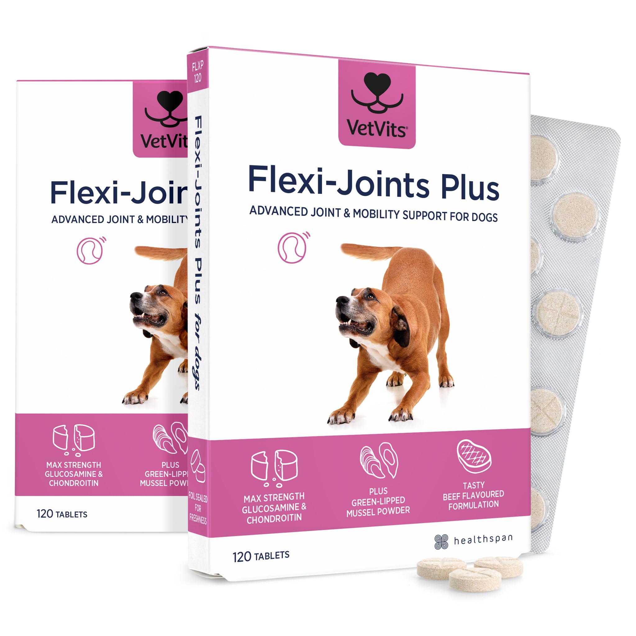 VetVits Flexi-Joints Plus For Dogs (120 Tablets) | 500mg Pure Glucosamine HCI Providing 40% More Glucosamine Than The Standard 2KCI Form | With Chondroitin | Beef Flavour