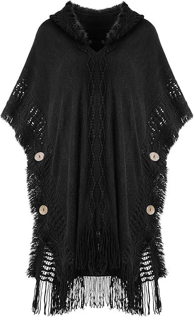 JFAN Ponchos for Women Hooded Cape Knitted Shawls with Buttons and Tassels