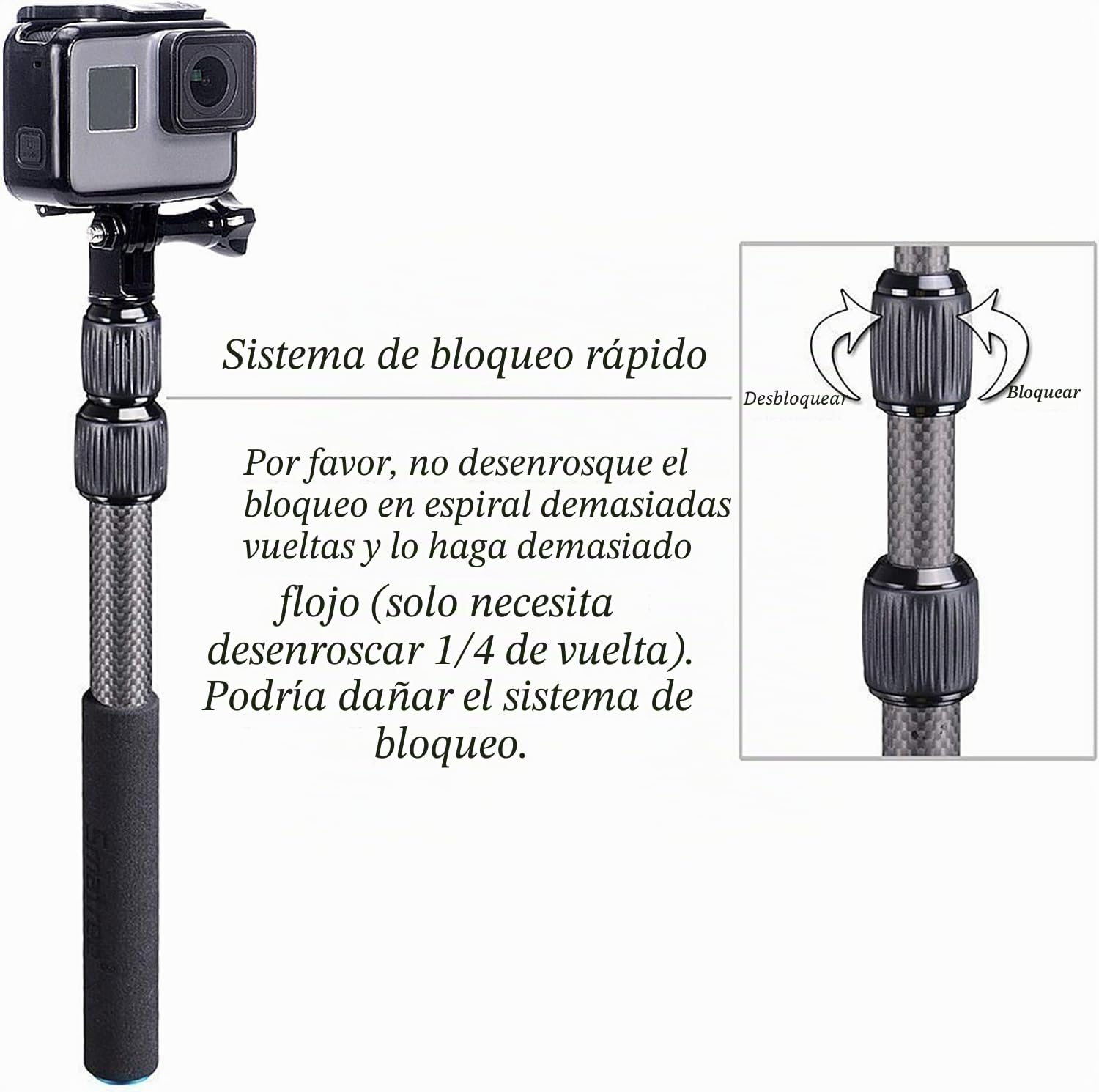 Smatree S3C Palo Selfie Stick Impermeable para GoPro MAX, Hero 2018, Hero 13/12/11/10/9/8/7/6/5/4/3+/3/2/1/Fusion/Session,Osmo Action 3/2, Insta 360(12,5"-39,5")