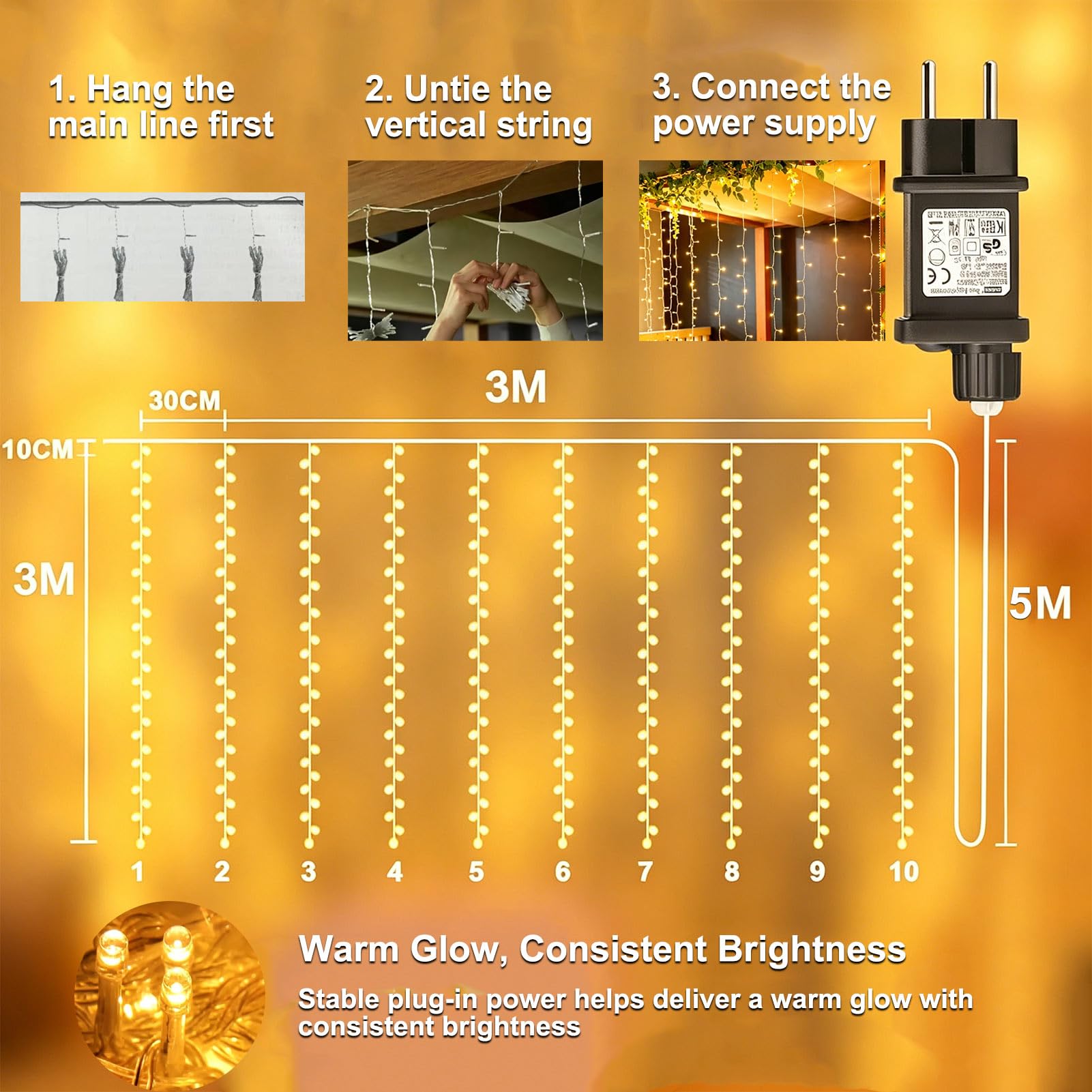 Rideau Lumineux 2 Pièces 3m x 3m 300 LED Guirlande Lumineuse Extérieur | Transformateur, Étanche 8 Modes & Timer Rideau LED Décoration Intérieur Fenêtre Chambre Mariage Fête Pergola Blanc Chaud