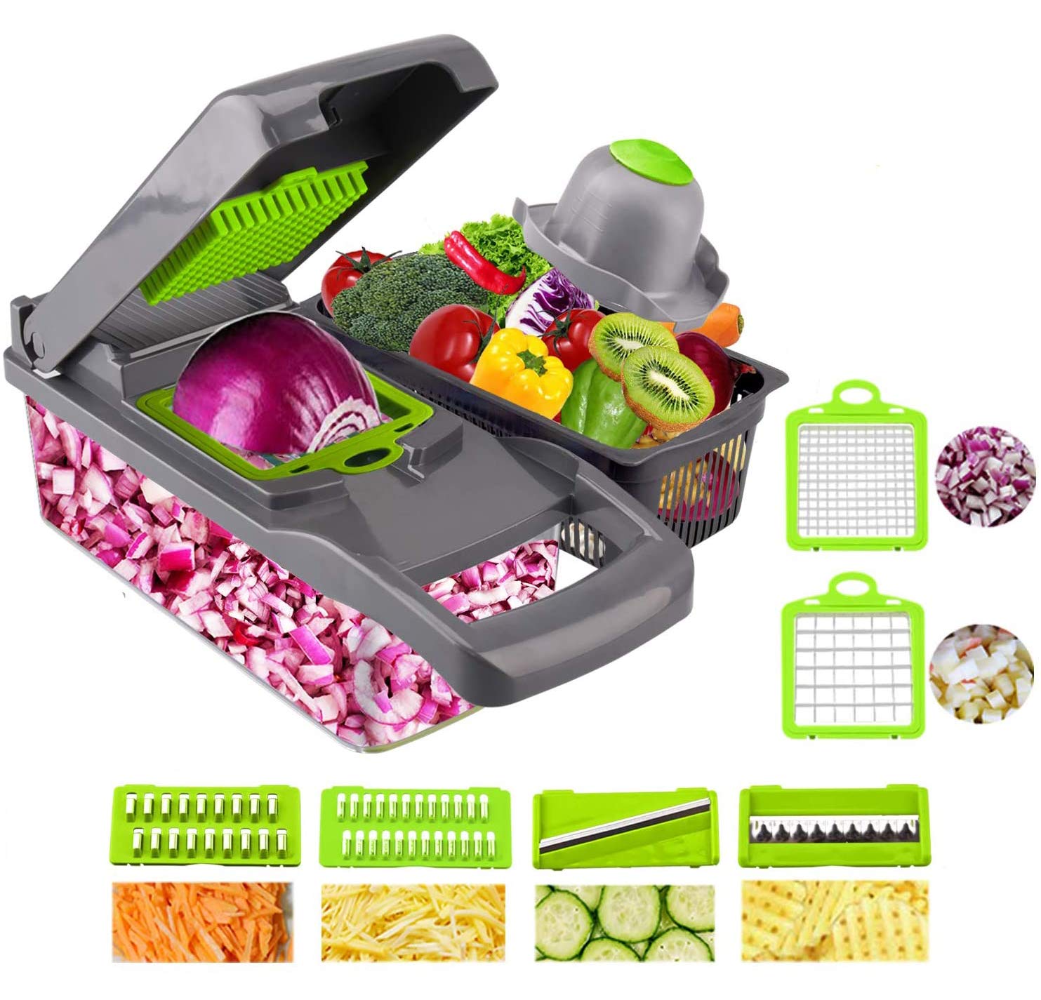NICO SEE WONDEROnion Chopper Pro Multiple Vegetable Chopper Cheese Grater Durable Fruit Chopper Vegetable Slicer Cutter Dicer Ricer for Salad Potato Carrot Garlic (grey)