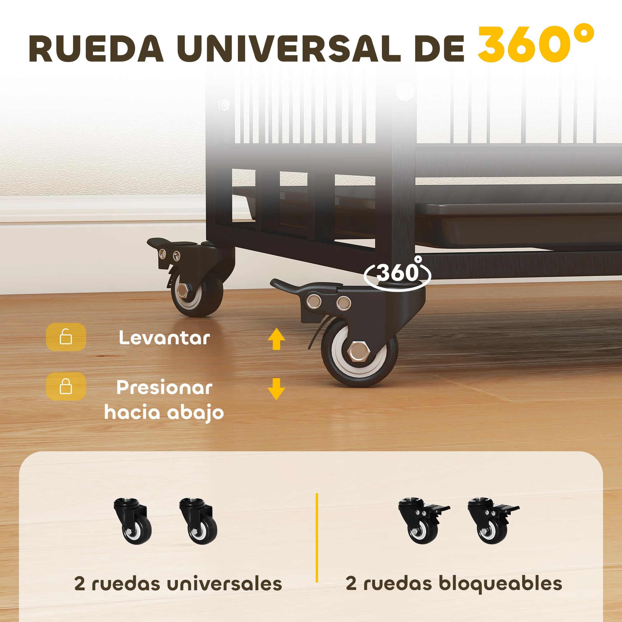PawHut Jaula de Metal para Perros con Ruedas y Frenos Bandeja Extraíble y Puerta con Pestillo para Golden Retriver Labrador 92x62x75 cm Negro