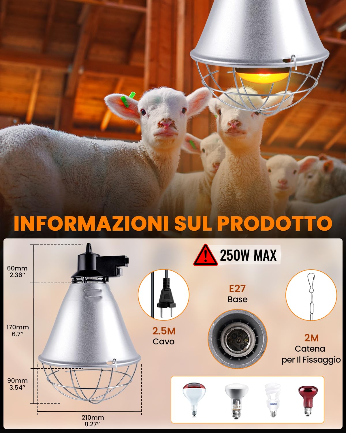 Bonlux Lampada Infrarossi Riscaldante, Paralume per Lampade Riscaldanti con 2 Modalità Regolabili Lampada Riscaldante con 2M Catena per Il Fissaggio e Cavo da 2.5M per Cani Pulcini (Nessuna Lampadina