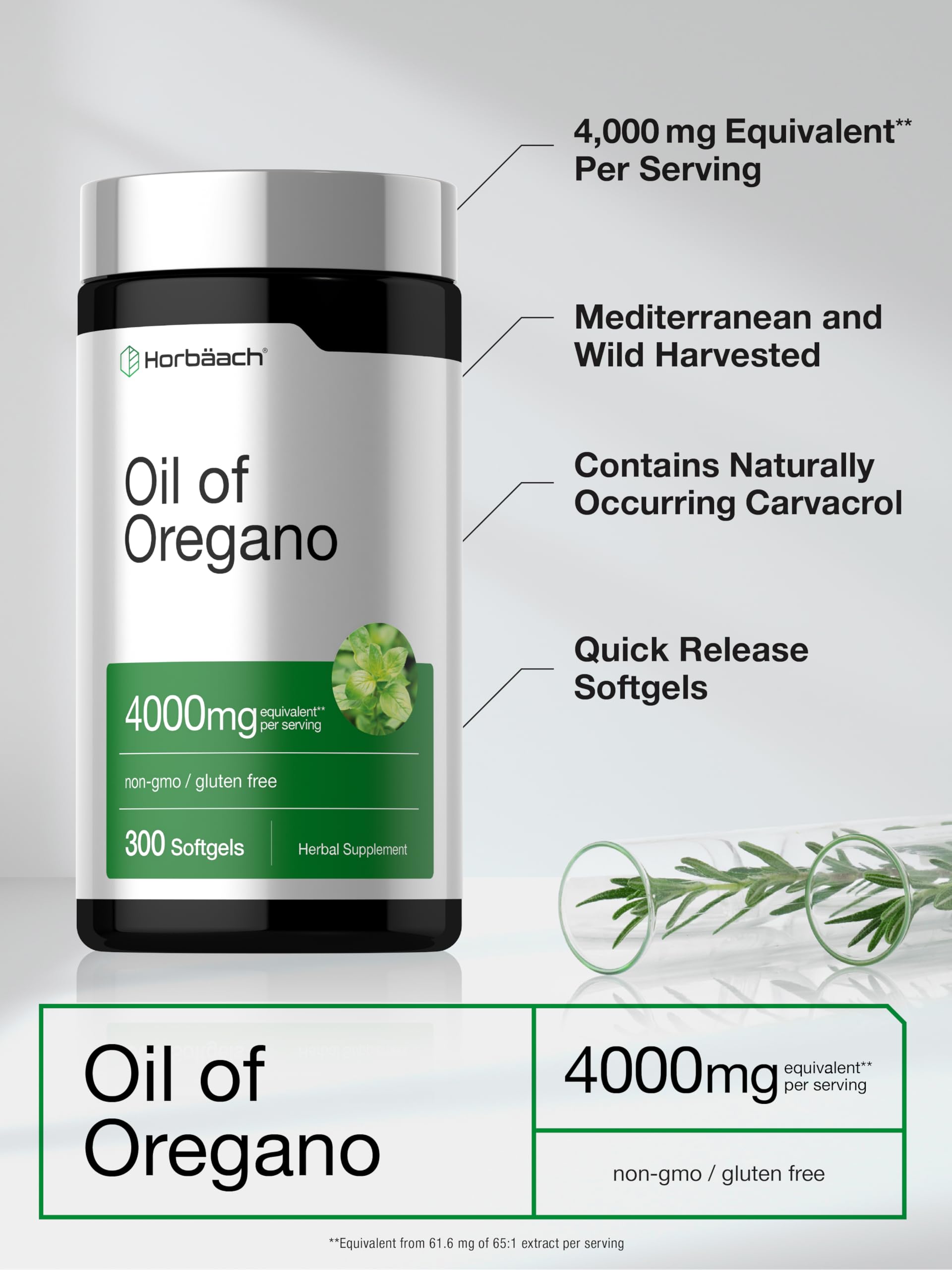 Horbäach Oregano Oil | 4000mg | 300 Softgel Capsules | Naturally Occurring Carvacrol Pills | Non-GMO and Gluten Free Extract Supplement