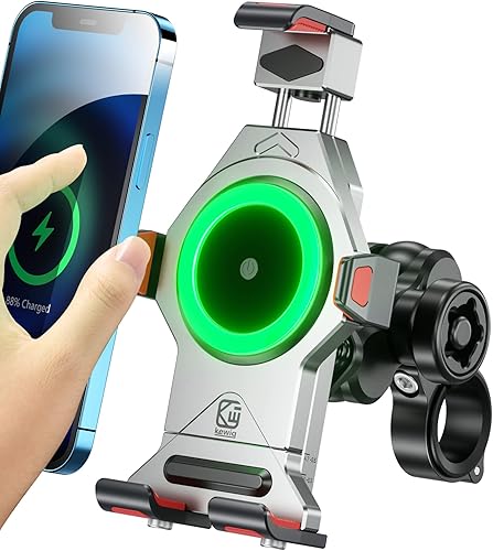 BRCOVAN - Soporte para teléfono de motocicleta de aleación de aluminio con cargador inalámbrico Qi de 15 W y amortiguador de vibraciones, bloqueo