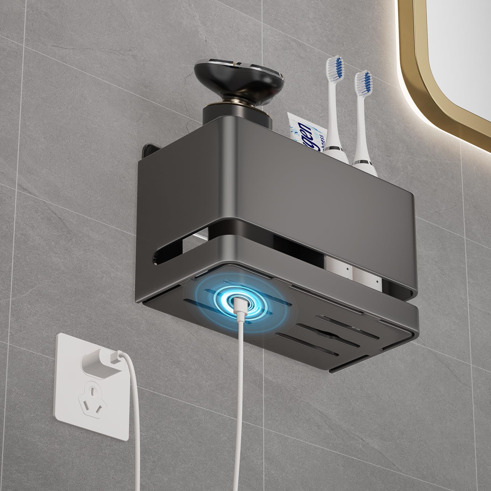 Aluminiowy uchwyt na elektryczną szczoteczkę do zębów, półka ścienna do łazienki, może pomieścić pastę do zębów i szczoteczkę do zębów (Szary 2-slotowy)