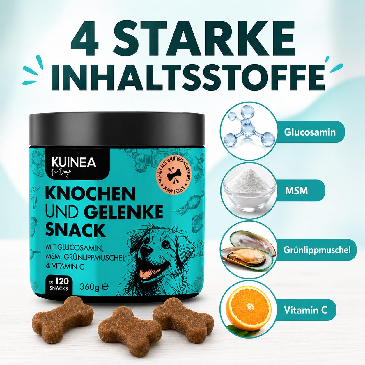 KUINEA® Hochkonzentrierte Gelenktabletten für Hunde als Leckerli – 120 Soft Chews (360g) – Grünlippmuschel Hund, Glucosamin, MSM & Vitamin C – Knochen & Gelenke – Getreide- & zuckerfrei, laborgeprüft