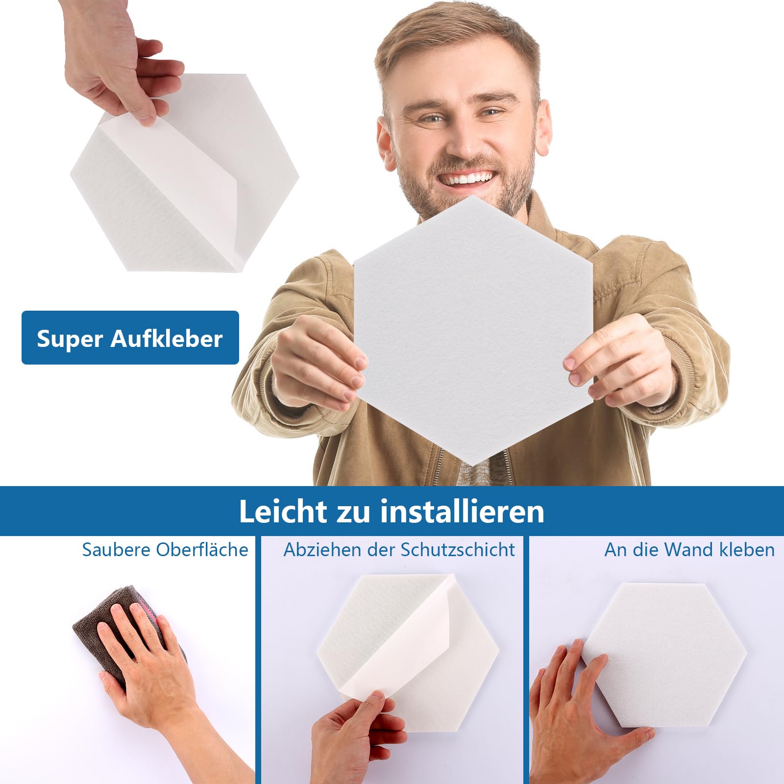6 Weiße Sechseckige Filz-Pinnwände Mit Reißzwecken & Clips – Selbstklebend, Ideal Für Notizen & Fotos
