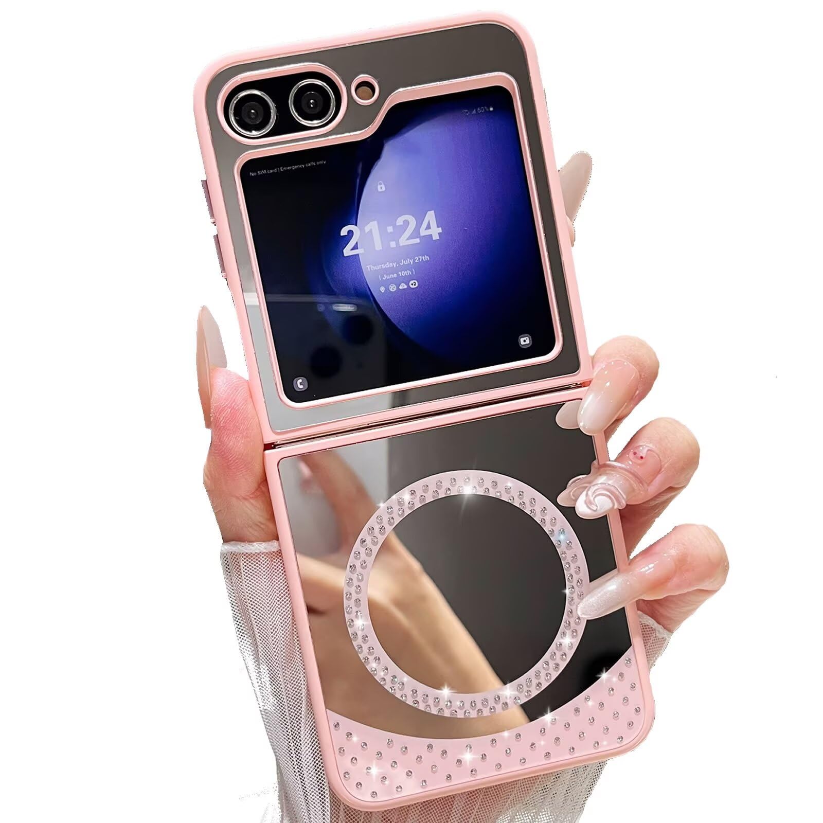 Miagon Mirror Magnetic Glitter Case for Samsung Galaxy Z Flip 6,Diamond Bumper [Compatible with Magsafe] Makeup Mirror Effect Bling Cover Bright Reflection Clashing Color Design