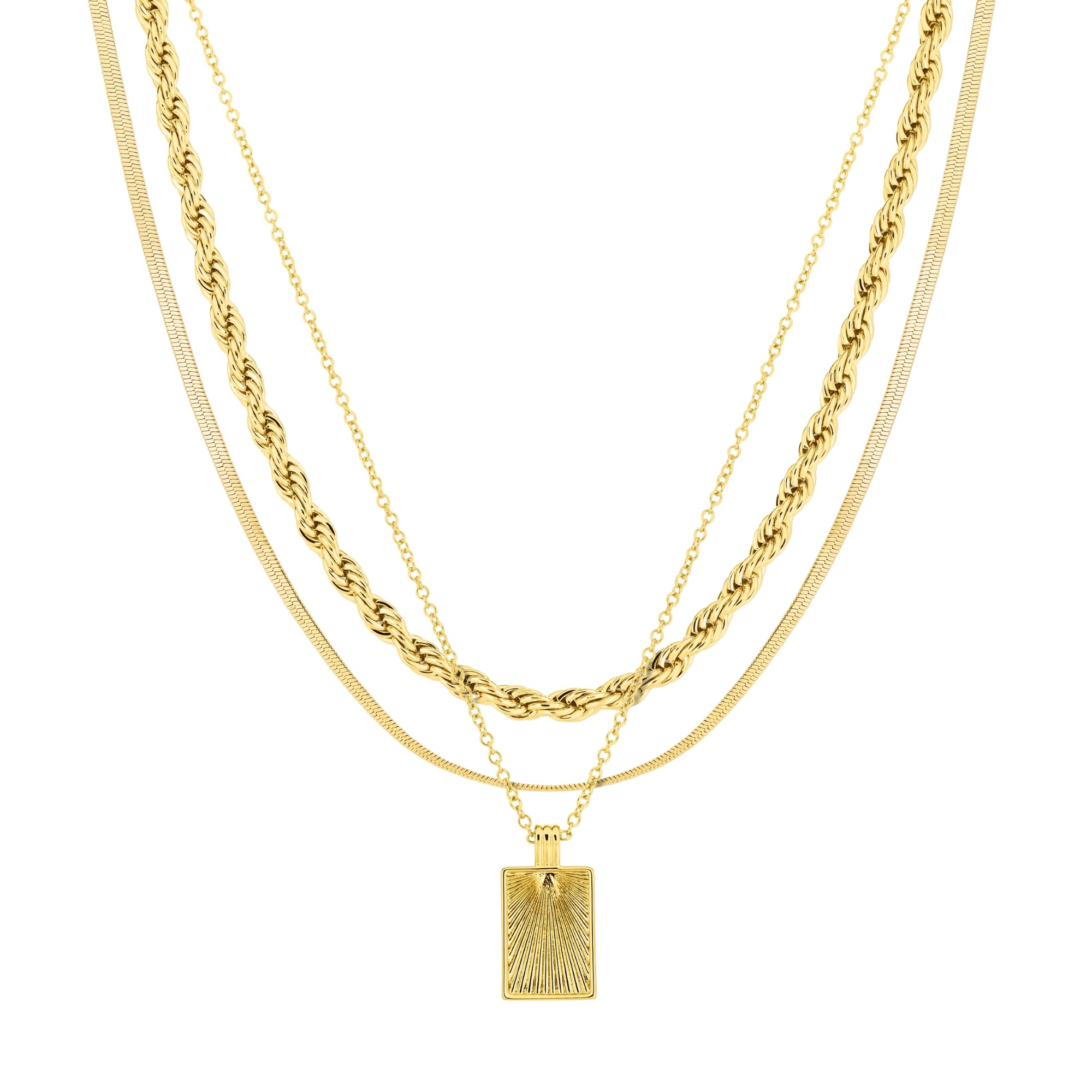 Amazon Essentials 14K Gold Plated Necklace Set of 3 - Rope Necklace, Herringbone Chain and Sundial Pendant - Dainty Hypoallergenic Necklaces for Women