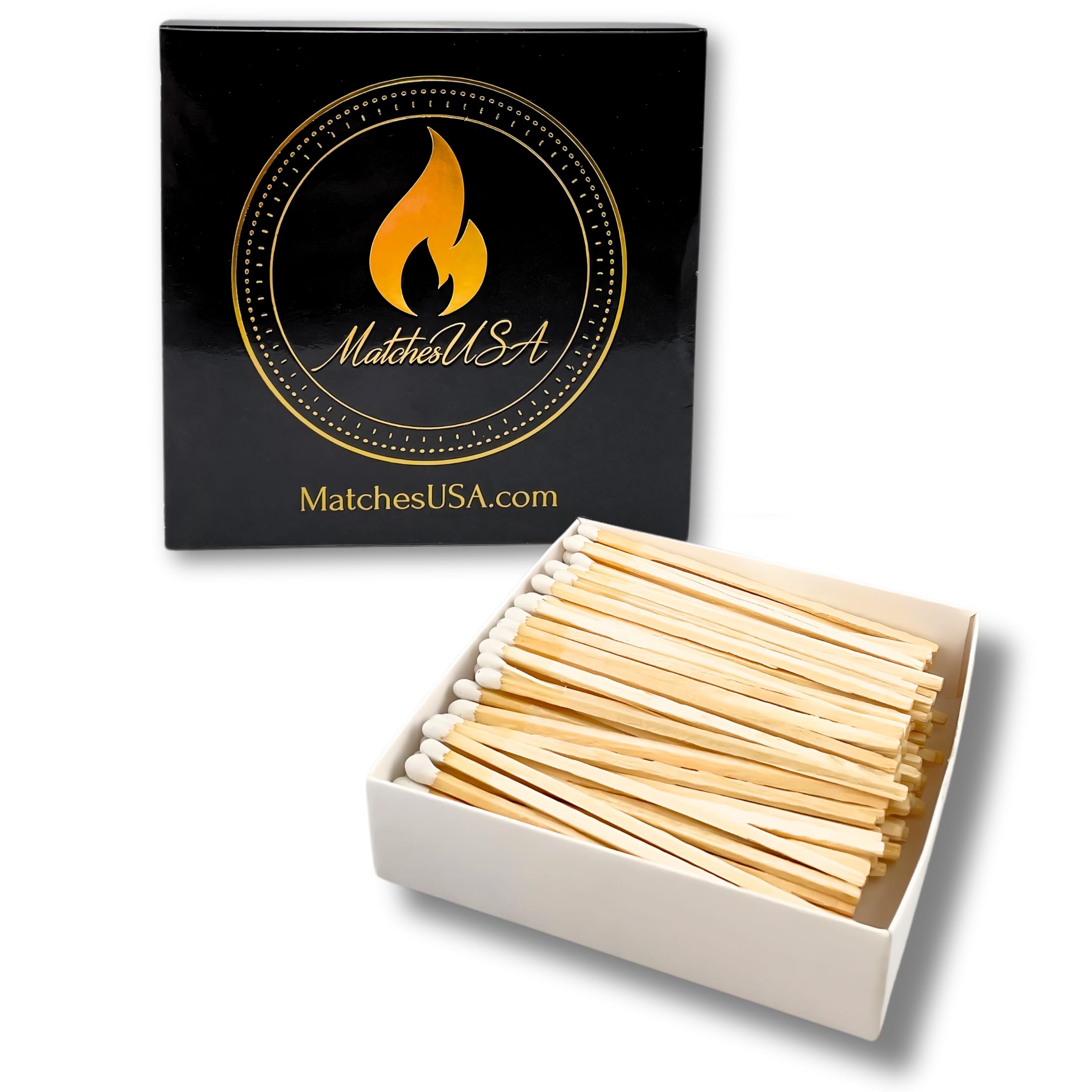 Box (150 Matches) | 4" Long White Matches | Color Safety Match (4 inches) | Black &amp; Gold Matchbox | Wooden Wood Matchsticks
