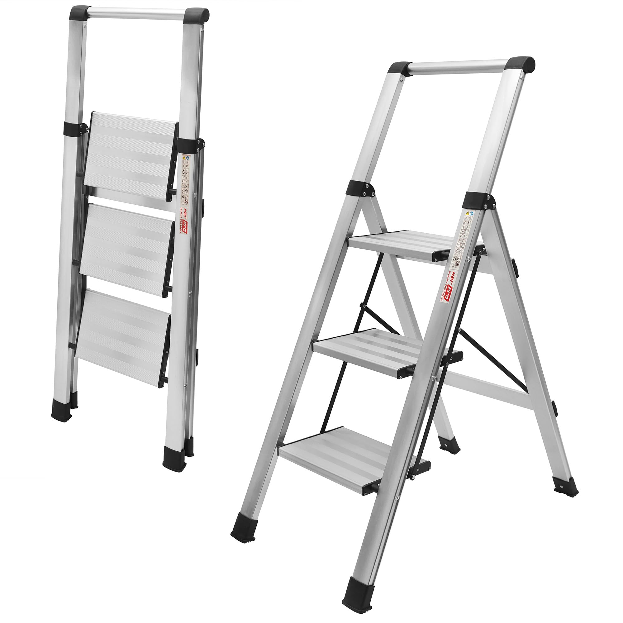Escaleras Plegables Alumino, Escalera de Aluminio Plana Plegable y con peldaño Ancho, Ligera, Robusta y Resistente. Normativa EN-131, hasta 150kgs (Negro, 3 Peldaños)