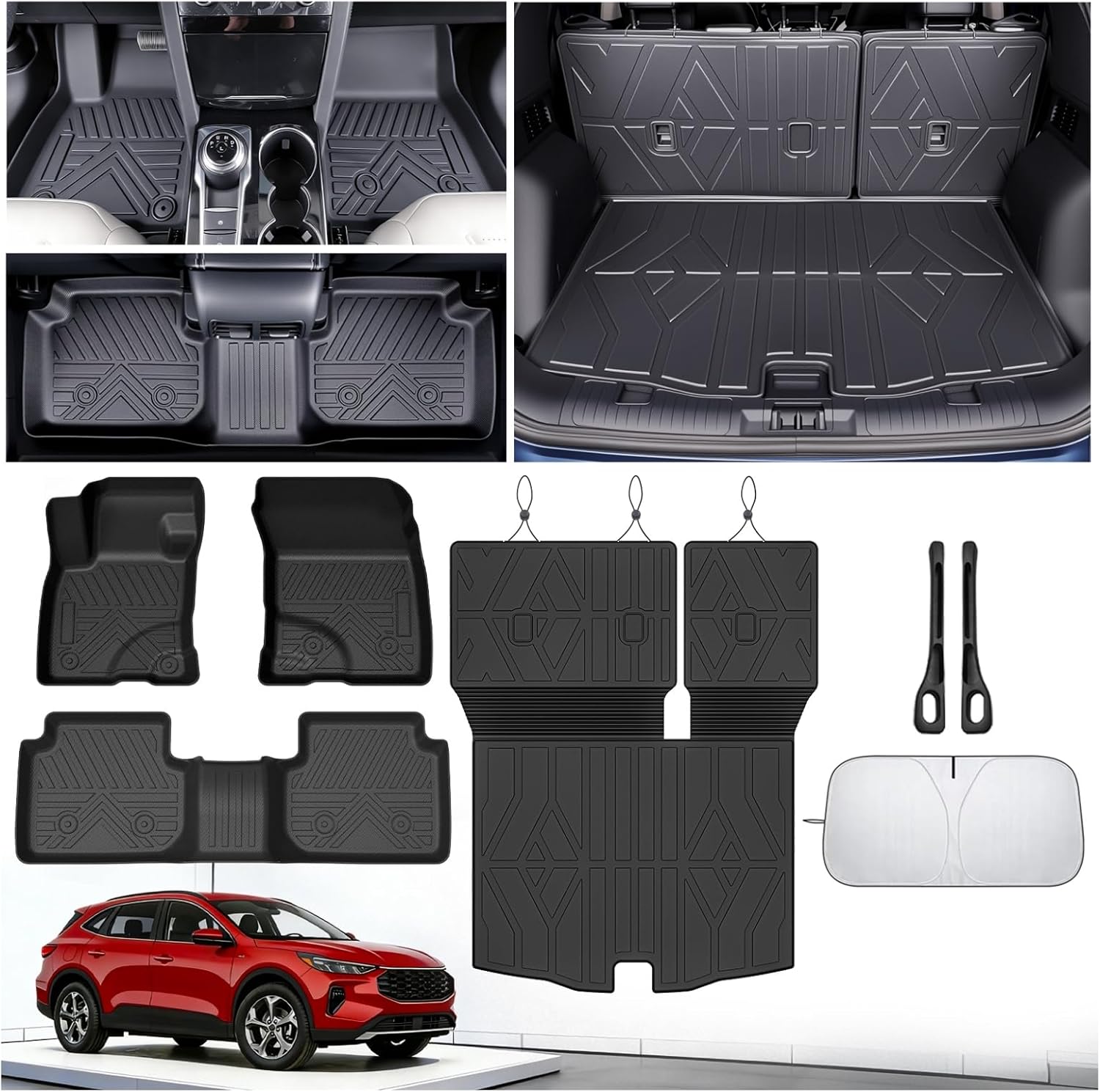 Floor Mats for Ford Escape 2020-2023 2024 2025 2026 (Not for Hybrid), All Weather Protection Custom Floor Mats Trunk Cargo and Car Windshield Cover Set for Car Accessories,Car Floor Liners Set