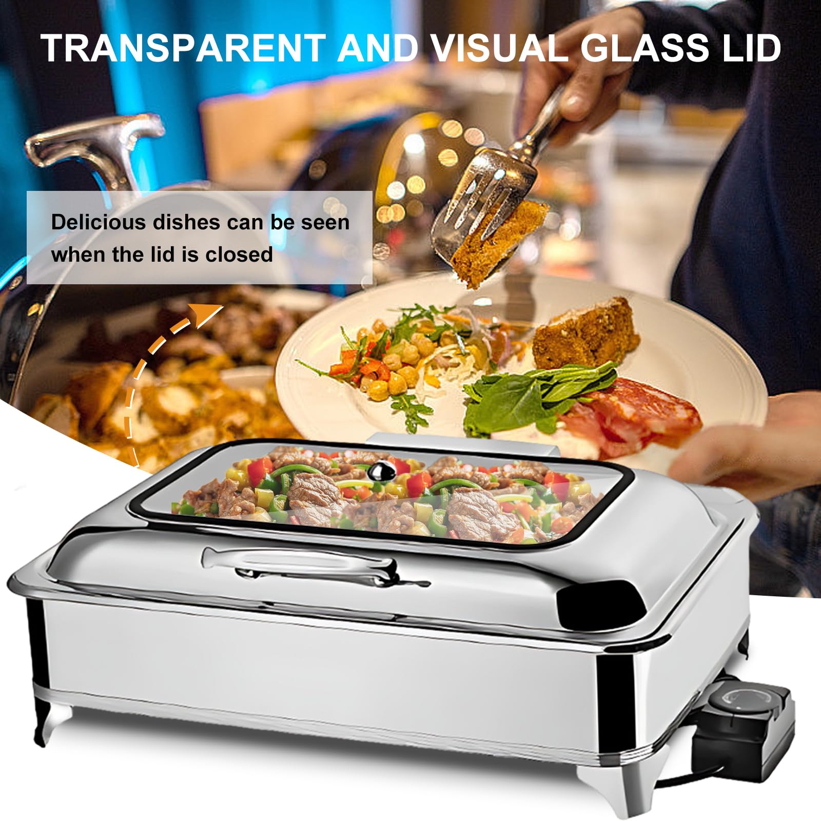9L Chafing Dish Elettrico, Professionale Scaldavivande Elettrico per Buffet, Acciaio Inox Contenitore Scalda Cibo per Famiglia, Ristoranti, Hotel, Feste, 58x44×25cm (1/1)