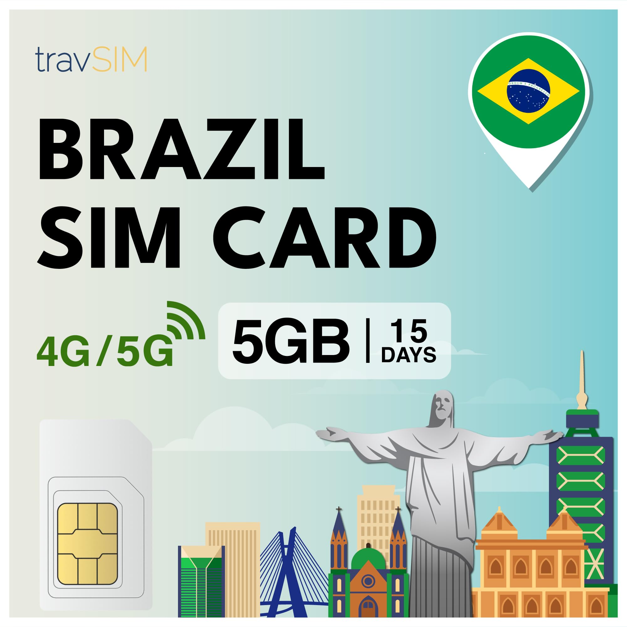 travSIM SIM Brasil | 05GB de datos móviles con velocidad 4G/5G | Acceso ilimitado a Internet para Google, Facebook, Whatsapp y más | El plan de la tarjeta SIM Brasil es válido por 15 días