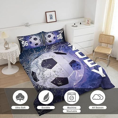 Miniatura 5 de Juego de ropa de cama personalizado con tu nombre, juego de ropa de cama matrimonial de fútbol de 34 piezas, ropa de cama de fútbol tamaño King,