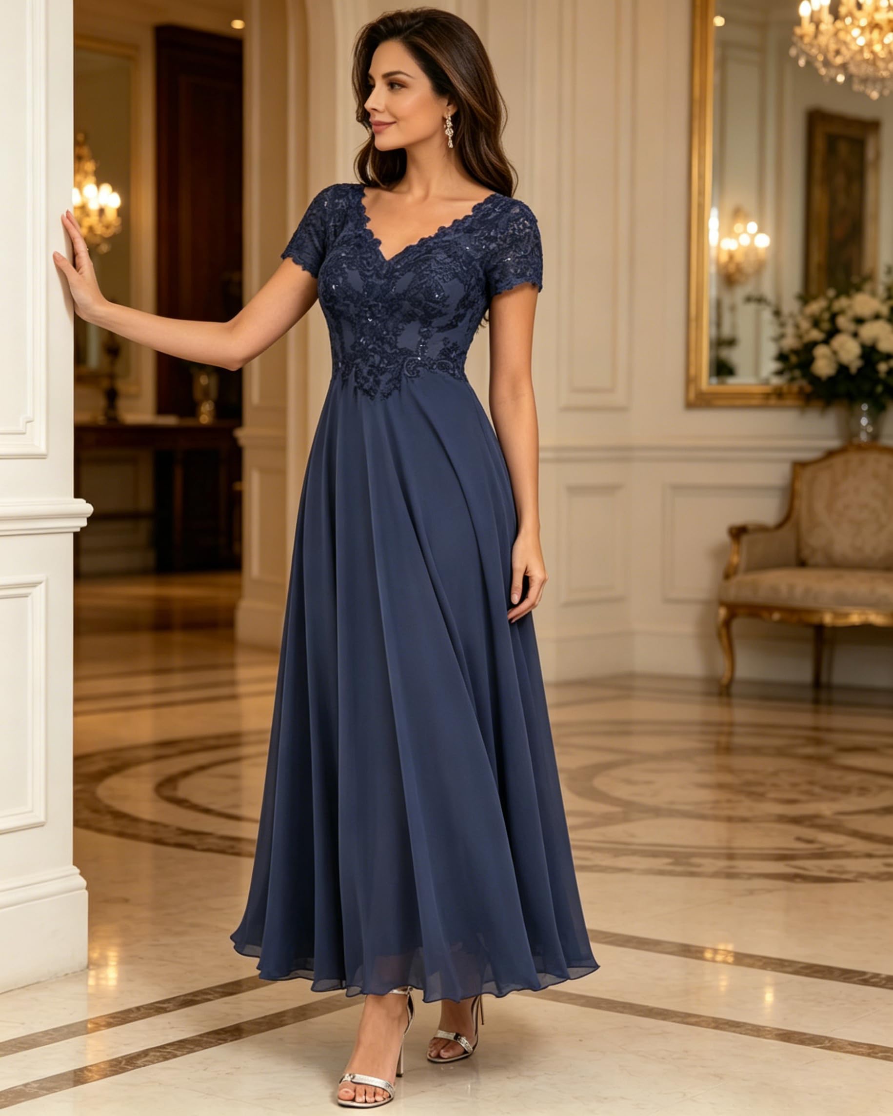Brautmutterkleider aus Chiffon mit Spitze, Ärmeln und Teelänge, formelles Abendkleid für Damen zur Hochzeit
