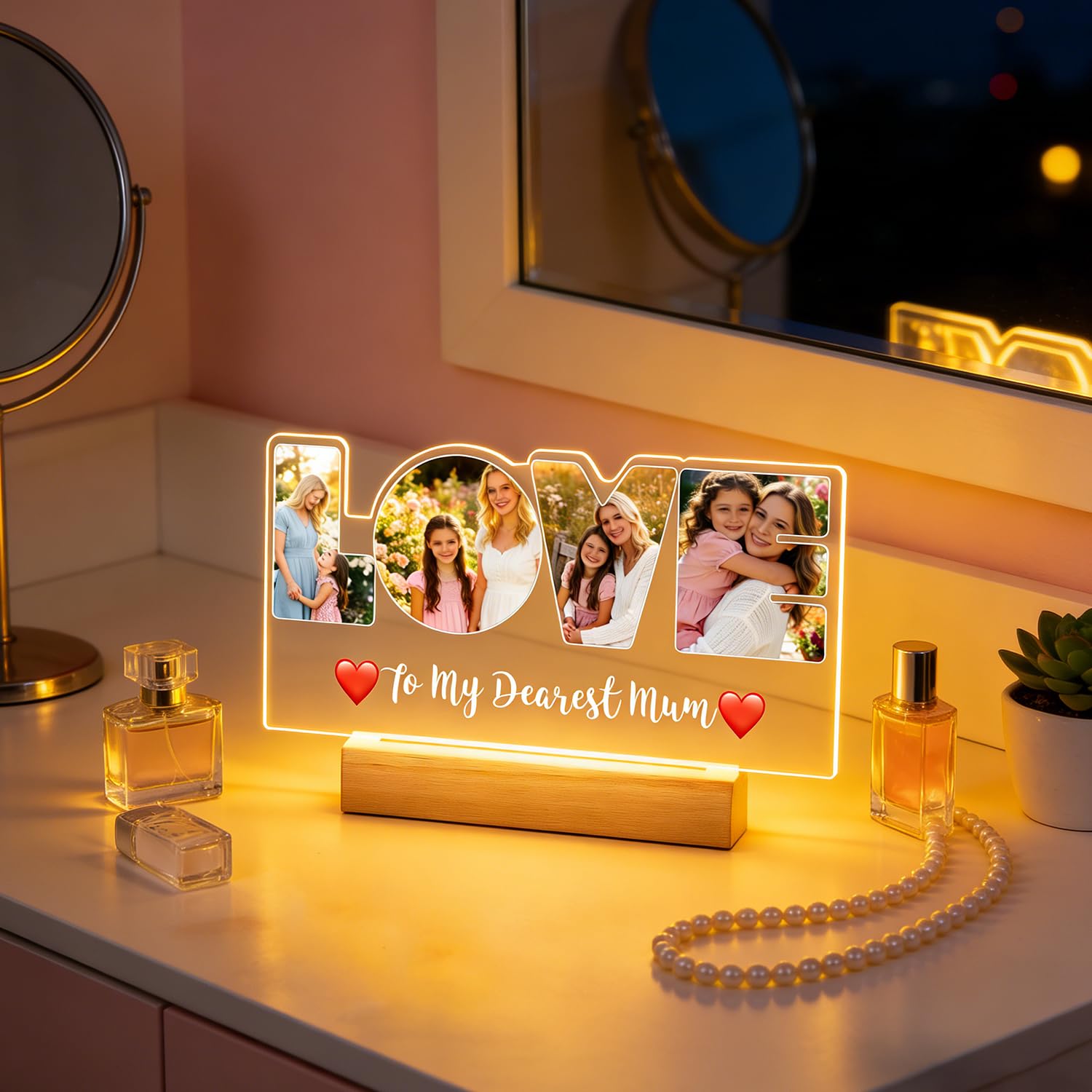 Personalised Gifts for Mum Dad Girlfriend Boyfriend, Custom LOVE Acrylic Photo Frame with LED Night Light, Wooden Base Multi-Picture Frame, Anniversary Birthday Mothers Day Fathers Day Christmas