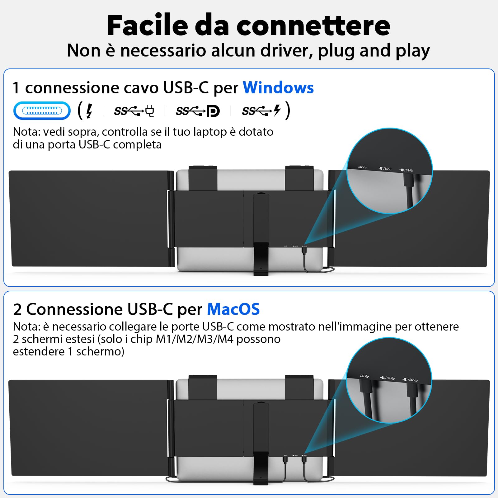MAGICRAVEN Doppio Schermo PC Portatile, 14" FHD 1080P IPS Triplo Schermo PC Portatile, Monitor Portatile per Laptop da 14" a 16", Doppio Monitor Compatibile con Windows/MacBook/Chrome/PS/X-Bo