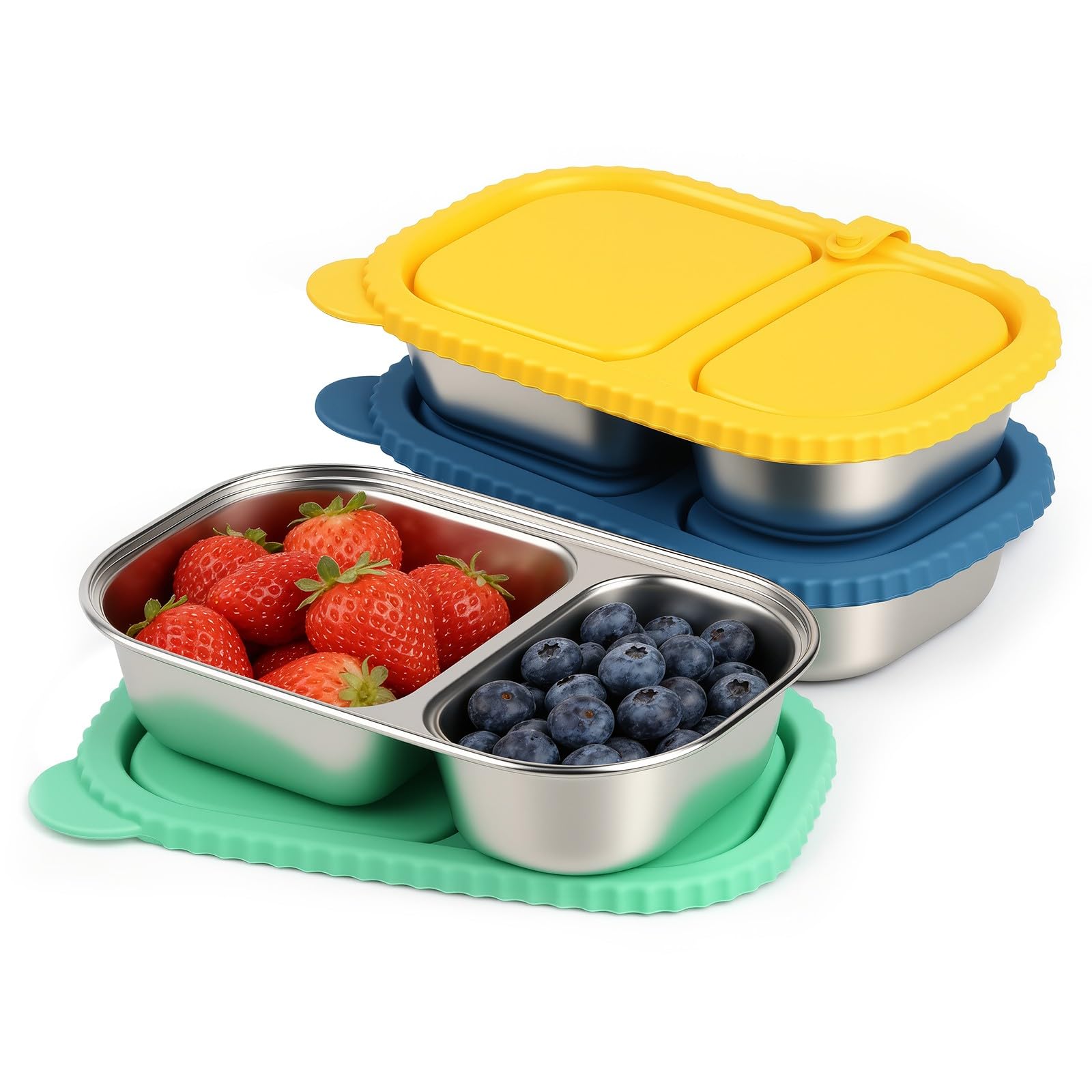 3 Pack Snack Containers with Silicone Lids, Reusable Stainless Steel Snack Boxes, 2 Compartment Small Bento Lunch Box for Kids Adults, Food Storage Containers for School, Office, Travel, Camping