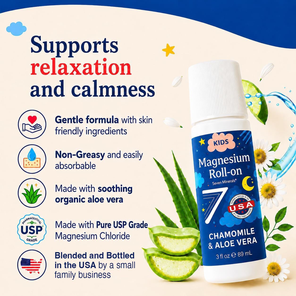 Seven Minerals Kids Magnesium Roll On for Sensitive Skin. USP Grade Magnesium Lotion for Children. Calming Bedtime Support with Chamomile & Aloe Vera, Easy Application, USA Made, 3 fl oz — Amazon image 2