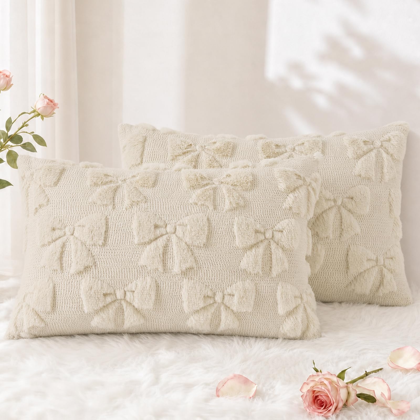 decorUhome Beige Bow Cute Girl Faux Fur Throw Pillow Covers 12x20 Set of 2