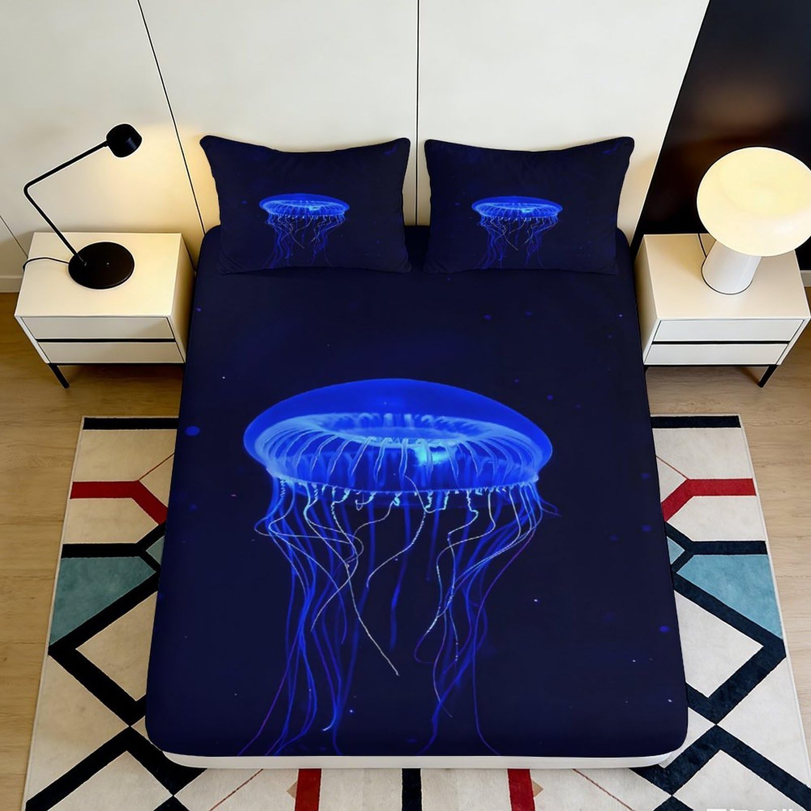 3D Printed Blue Jellyfish Fitted Sheet Microfiber Soft Breathable Ocean Life Bed Cover for Bedroom Dormitory Guest Room Mattress Protection Decor 180x200x25cm