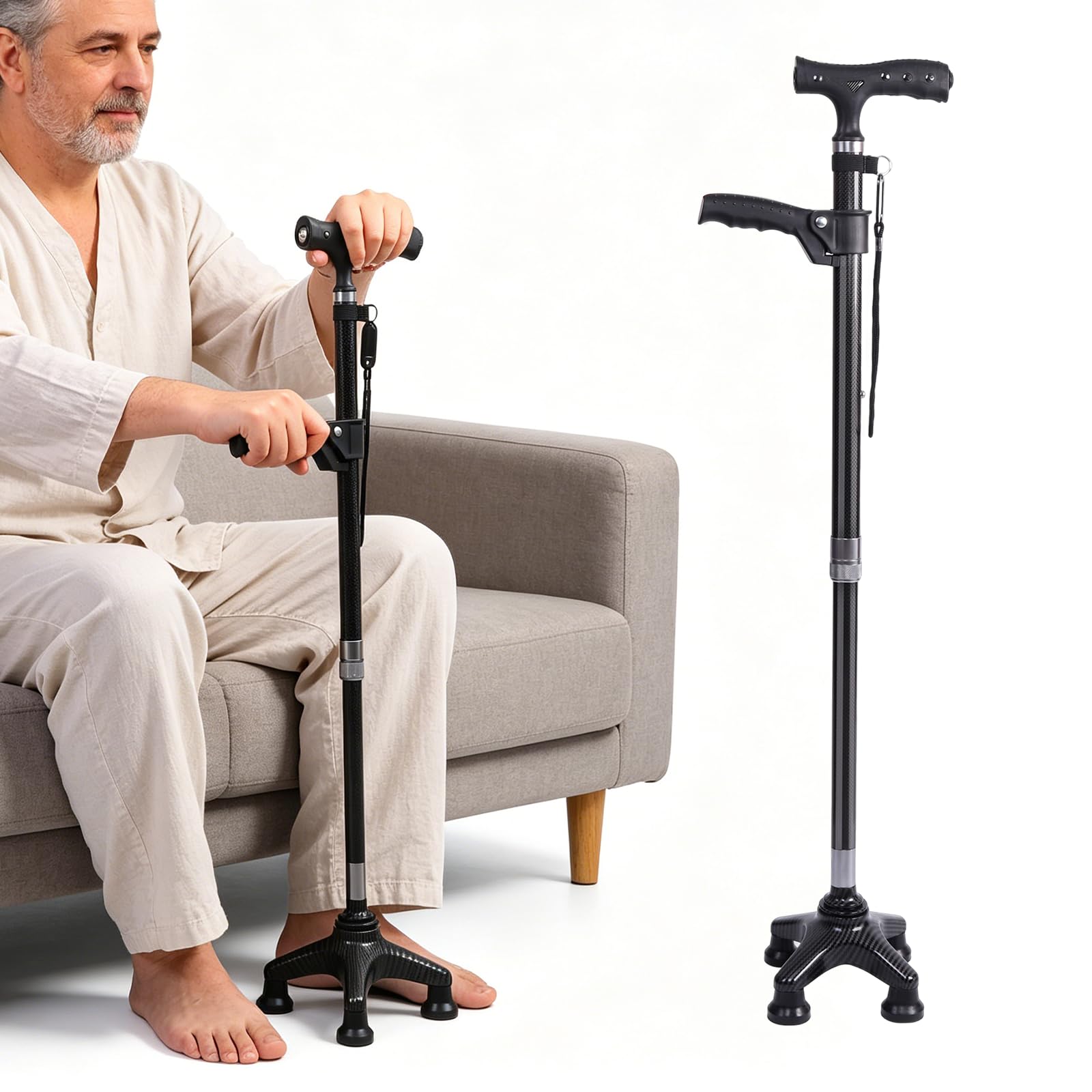 Photo 1 of Lightweight Carbon Fiber Walking Cane with Dual Handle & LED Flashlight, 4-Leg Stable Quad Cane Adjustable Height Mobility Aid for Seniors, LED Light Batteries Not Included