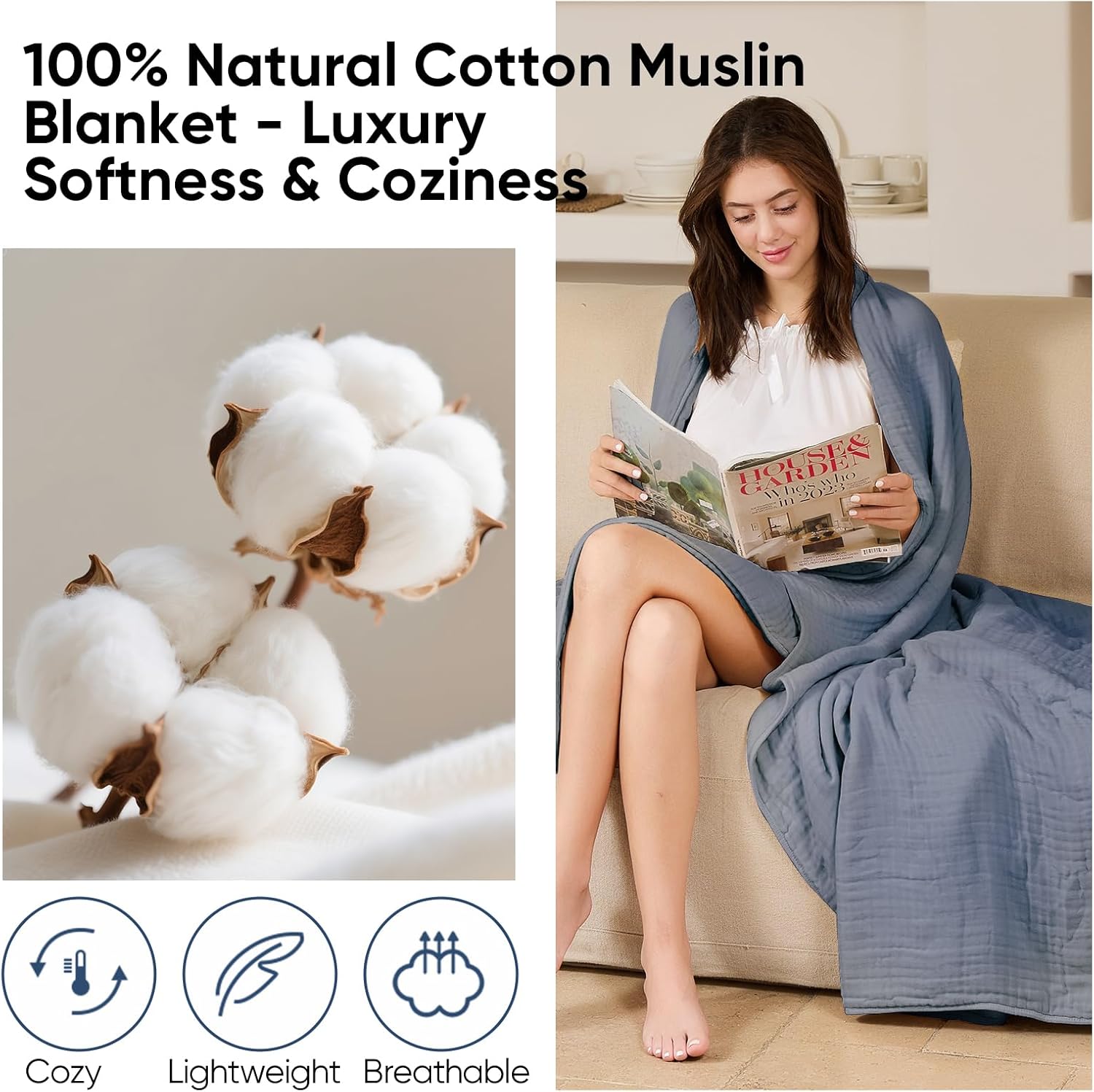 Muslin Soft Blanket Queen Bedding Sets Blankets Queen Size Cozy Fluffy Blanket (Fog Blue, Queen 90 x 90 inch) - Image 8