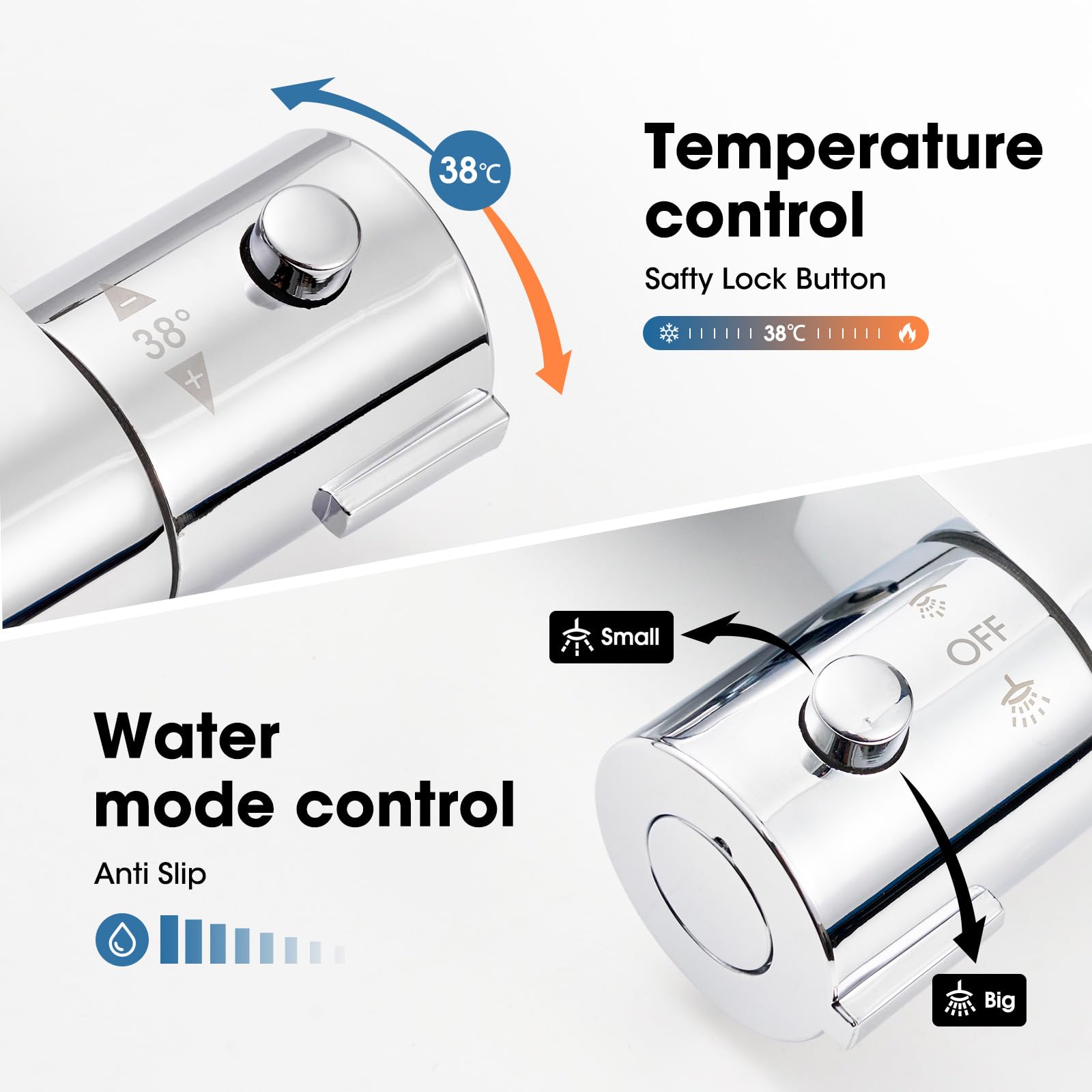 Mitigeur Thermostatique Douche Noir Mat,,Murale Robinet Thermostatique Douche Avec Bouton Sécurisé à 38°C