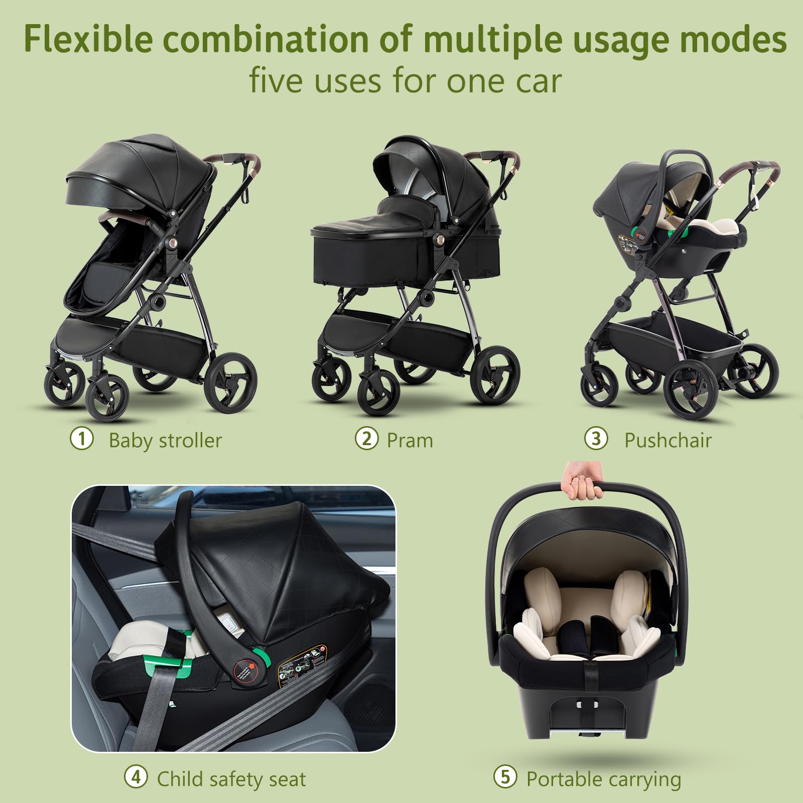 Passeggino 3 in 1 con Seggiolino Auto e Carrozzina, Grandi Ruote Assorbenti Urti per Bambini 0-36 Mesi Nero
