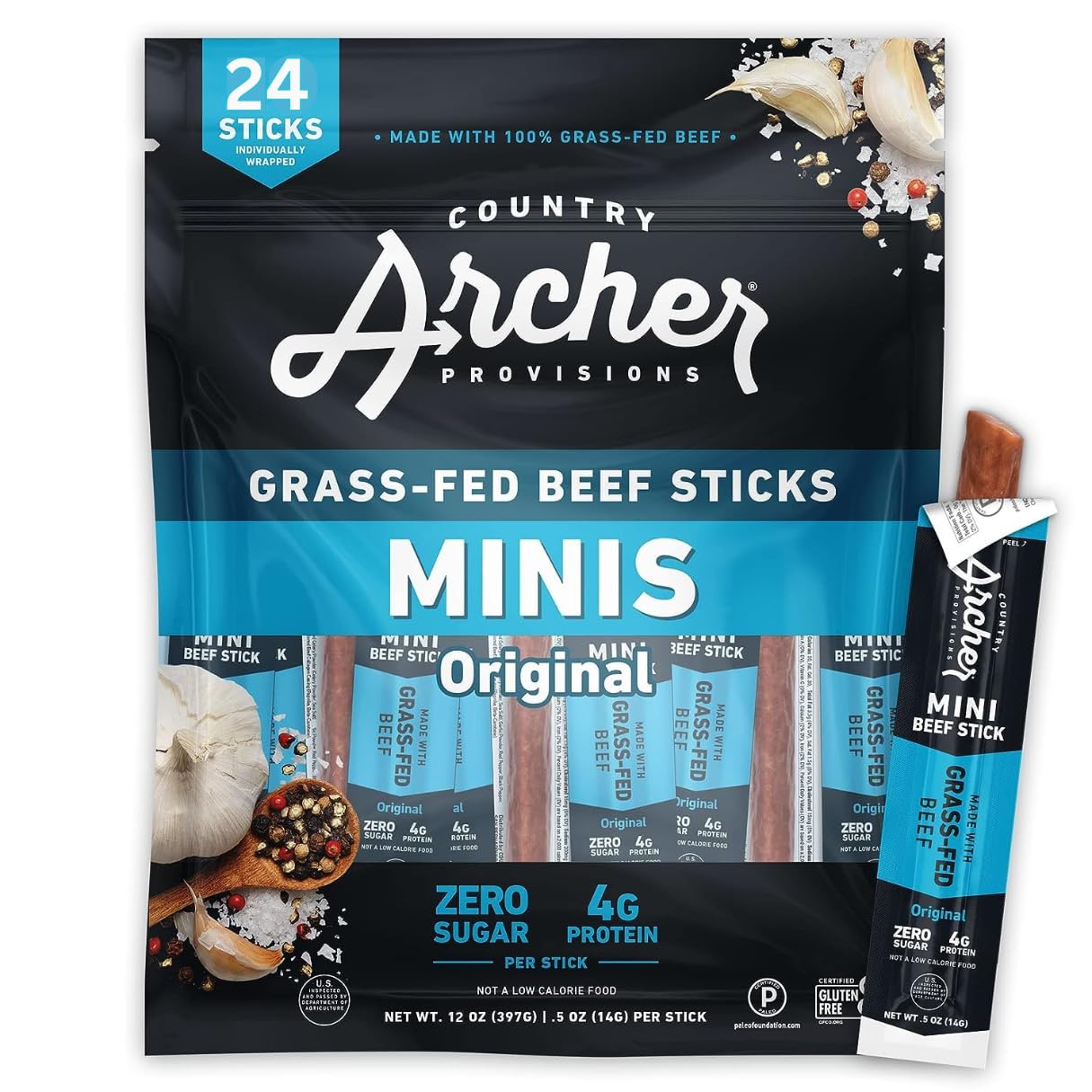 Original Minis Cntry Archr Grass Fed, Original Beef Stick 0.5oz, 24 Sticks - Archr Mini Beef Sticks (Chocolatto Trademank Spoon Included)
