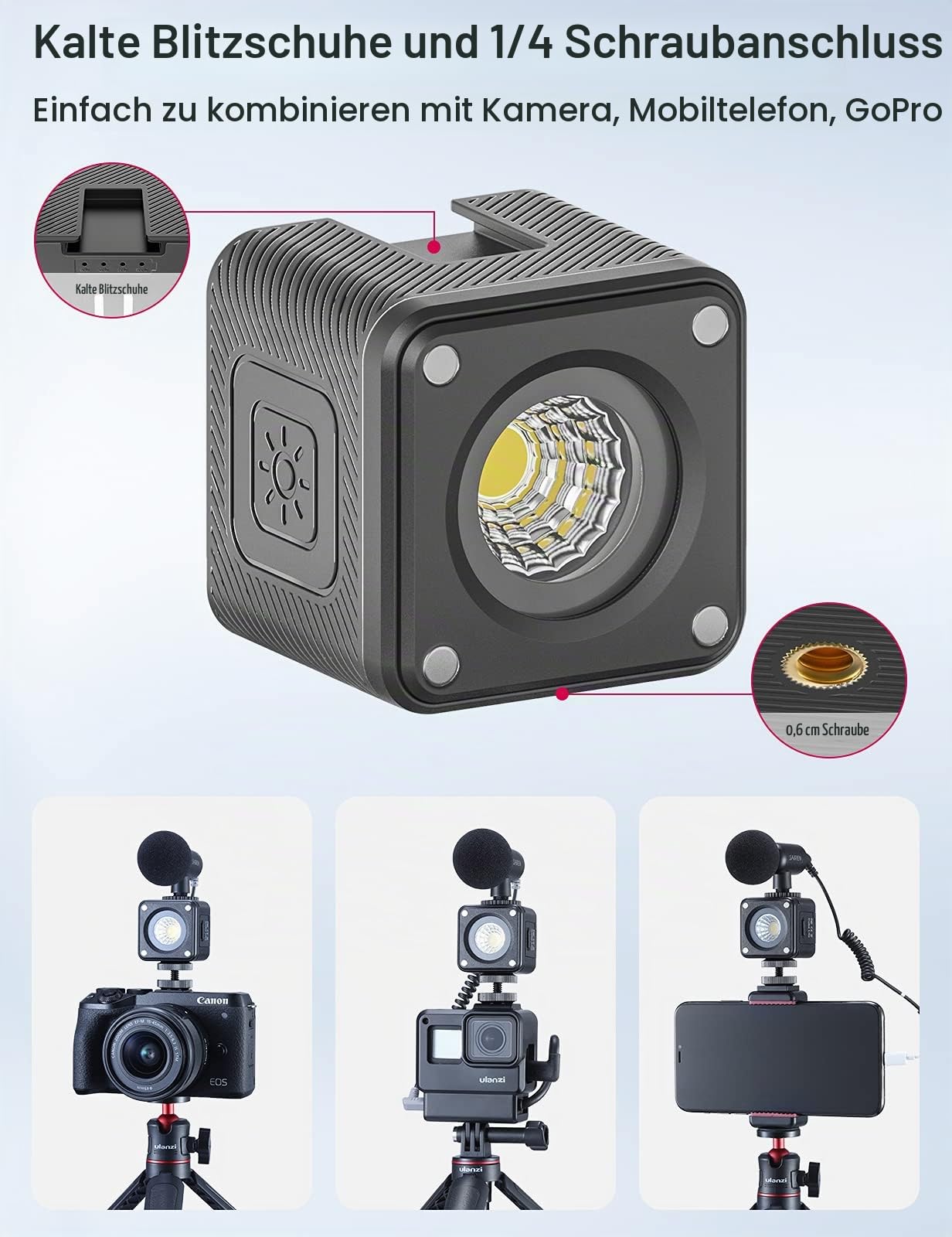 Led Videoleuchte, ULANZI Klein Videolicht wasserdichte, Led Fotolicht IP68 wasserdichte, Fotografie Licht Magnetisches Laden, Dauerlicht, Fotoleuchte für Vlog Kamera und Action Kamera Fotografie