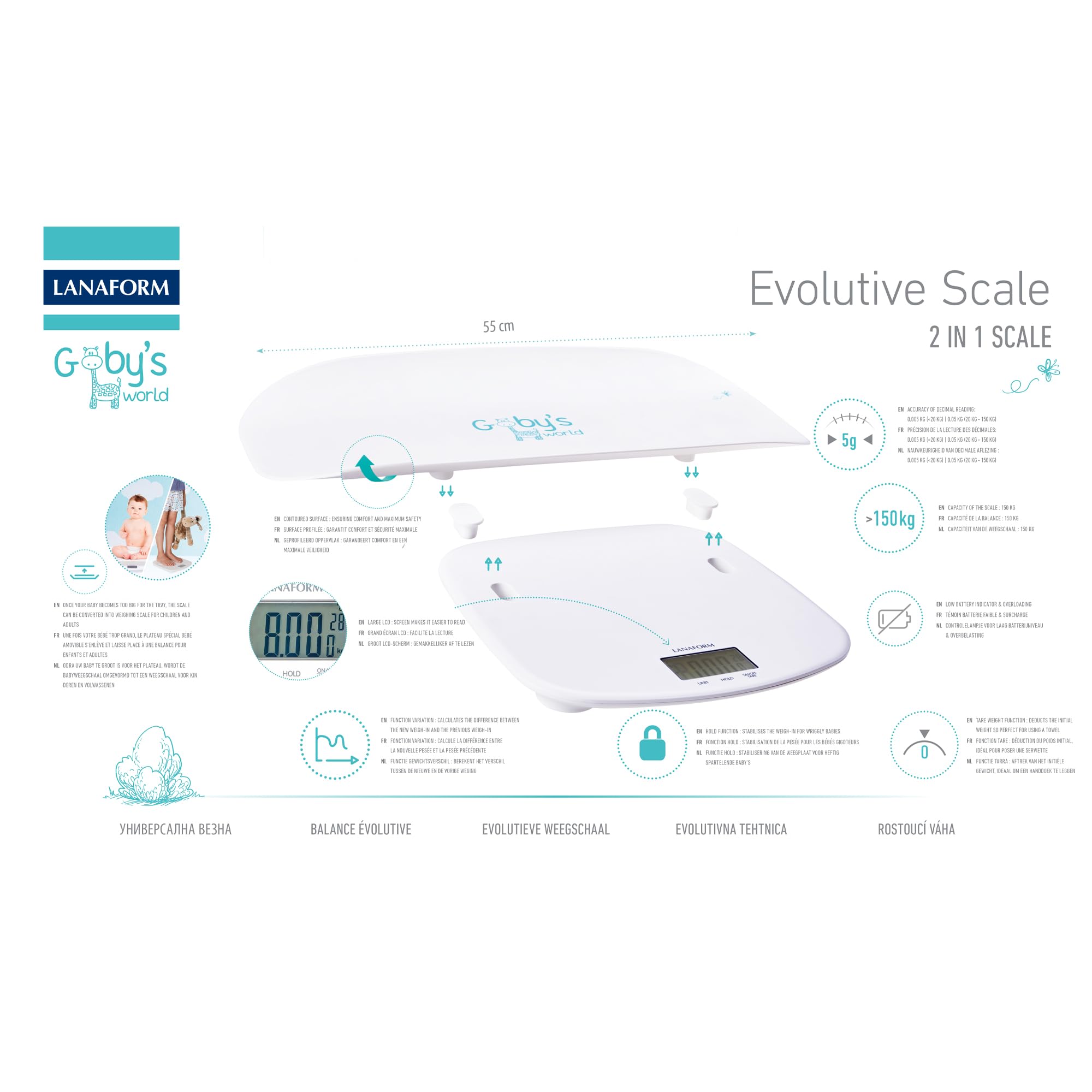 LANAFORM - Evolutive Scale - Pèse Bébé Évolutif - Balance Pour Bébé Et Adulte - Avec Plateau Amovible - Jusqu'à 150 Kg - Système De Stabilisation