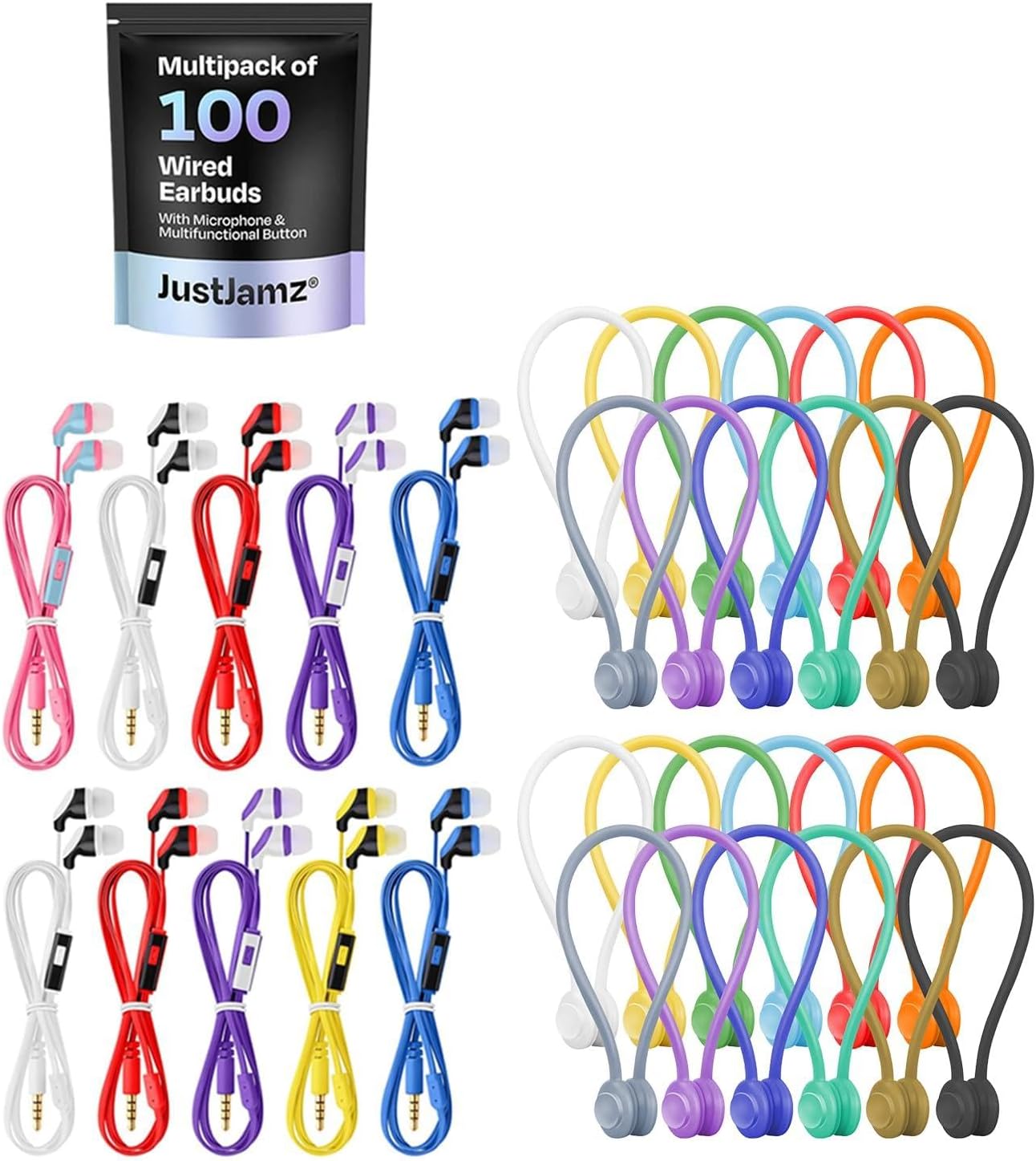 150 Pack Bundle – 100 Bulk Earbuds with Microphone plus 50 Magnetic Cable Ties – Classroom Earbuds with Mic and Silicone Snap-On Cord Organizers for Schools, Students, Libraries and Group Use
